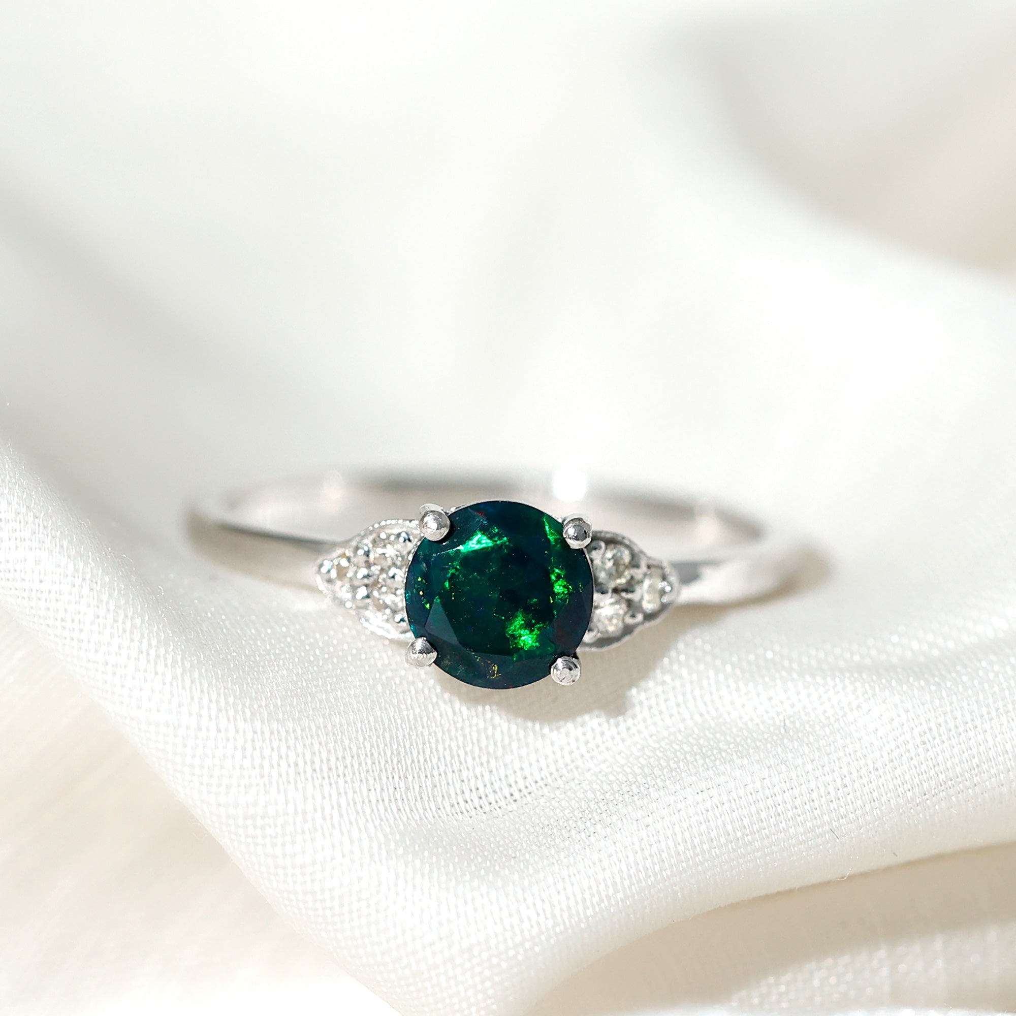 Real Black Opal Round Engagement Ring with Diamond Trio AAA - Rosec Jewels