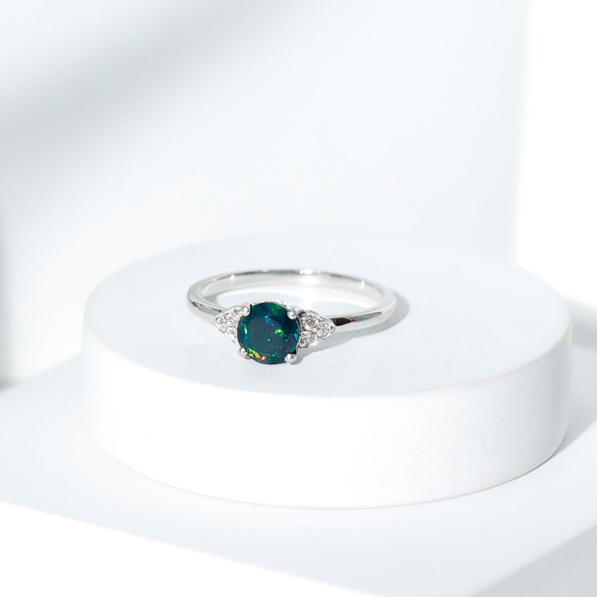 Real Black Opal Round Engagement Ring with Diamond Trio AAA - Rosec Jewels