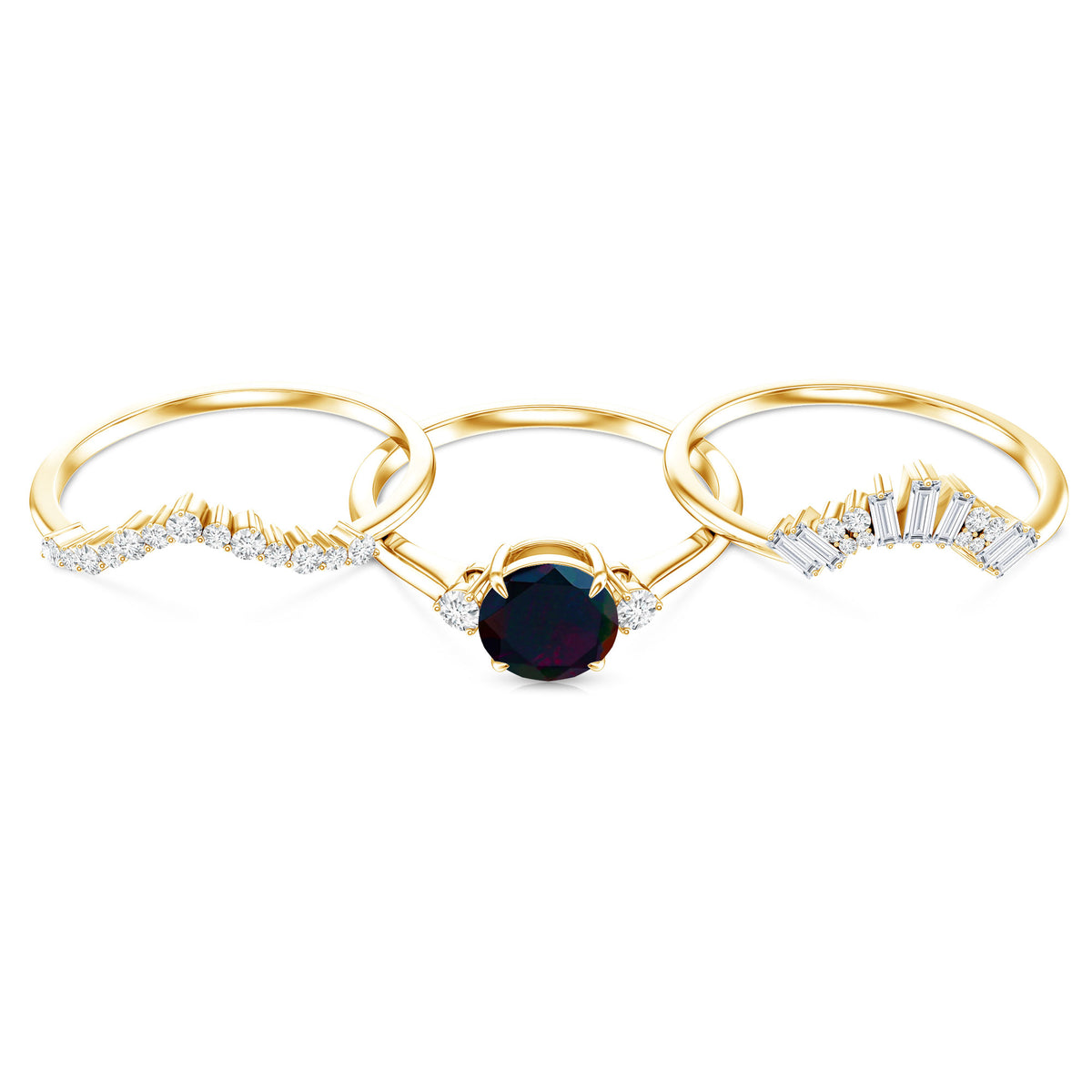 Black Opal Designer Trio Wedding Ring Set with Diamond AAA - Rosec Jewels