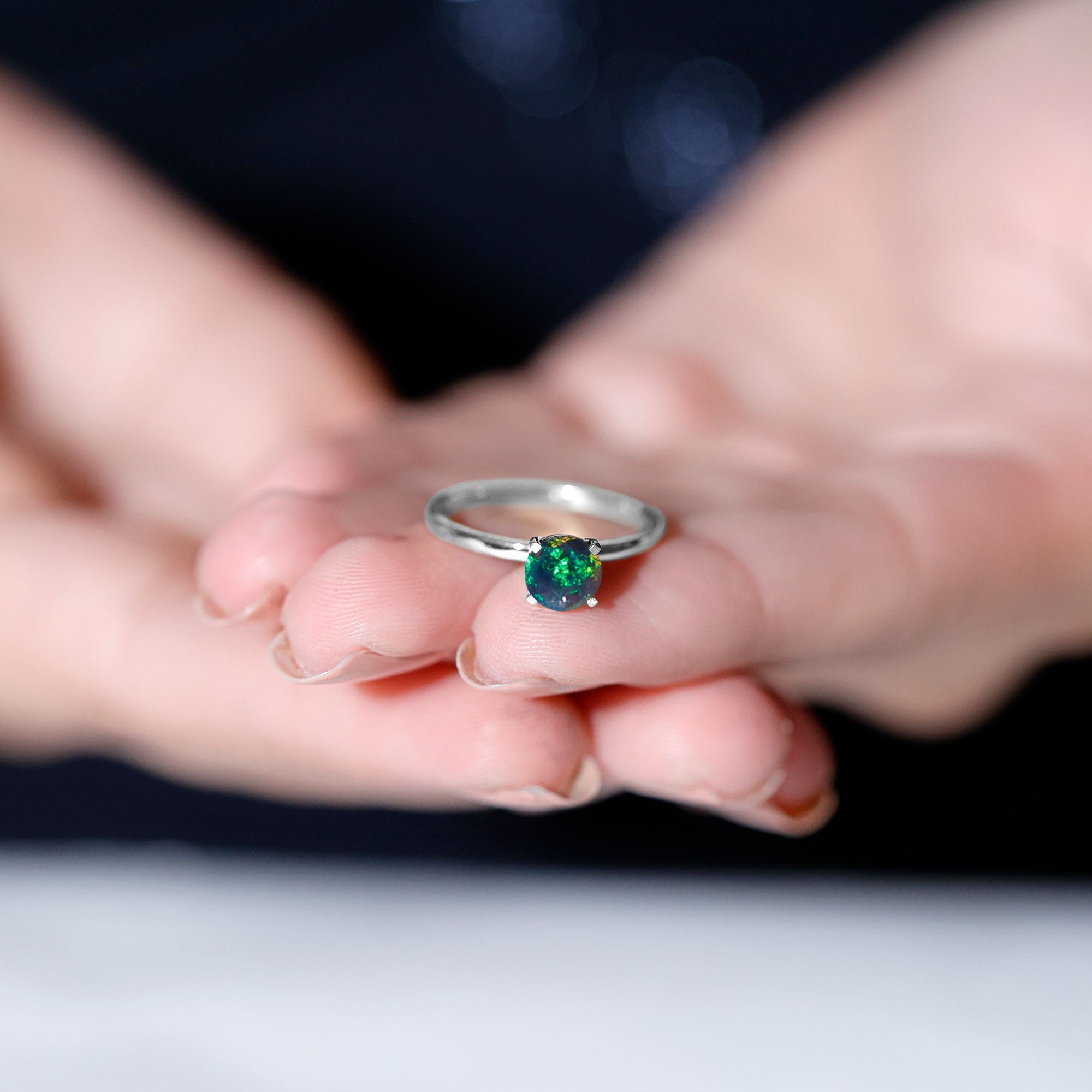 Genuine Black Opal Solitaire Ring for Women AAA - Rosec Jewels