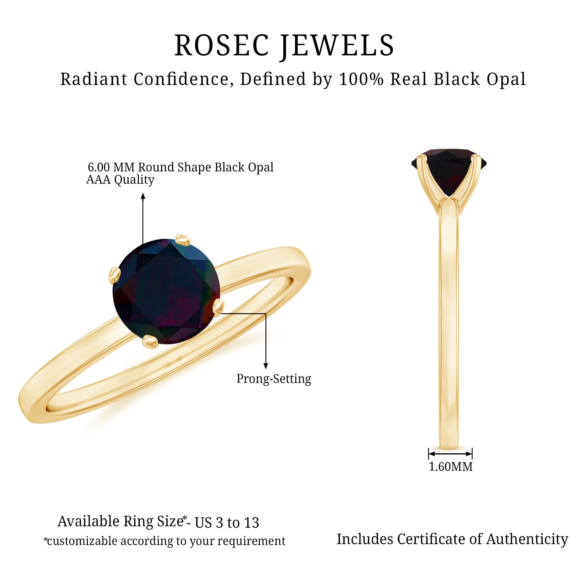 Genuine Black Opal Solitaire Ring for Women AAA - Rosec Jewels