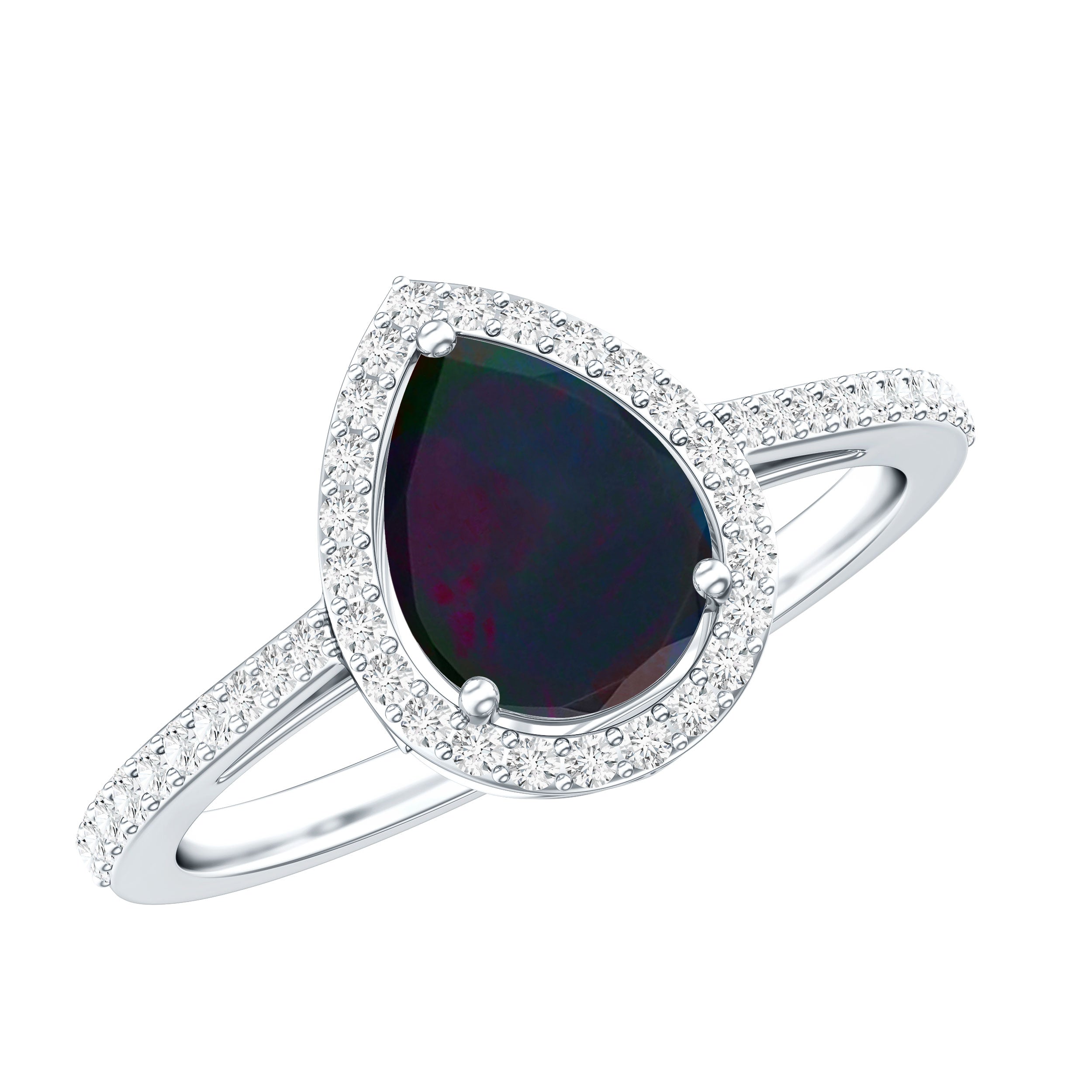 Pear Shape 1 CT Black Opal Engagement Ring with Diamond Halo AAA - Rosec Jewels