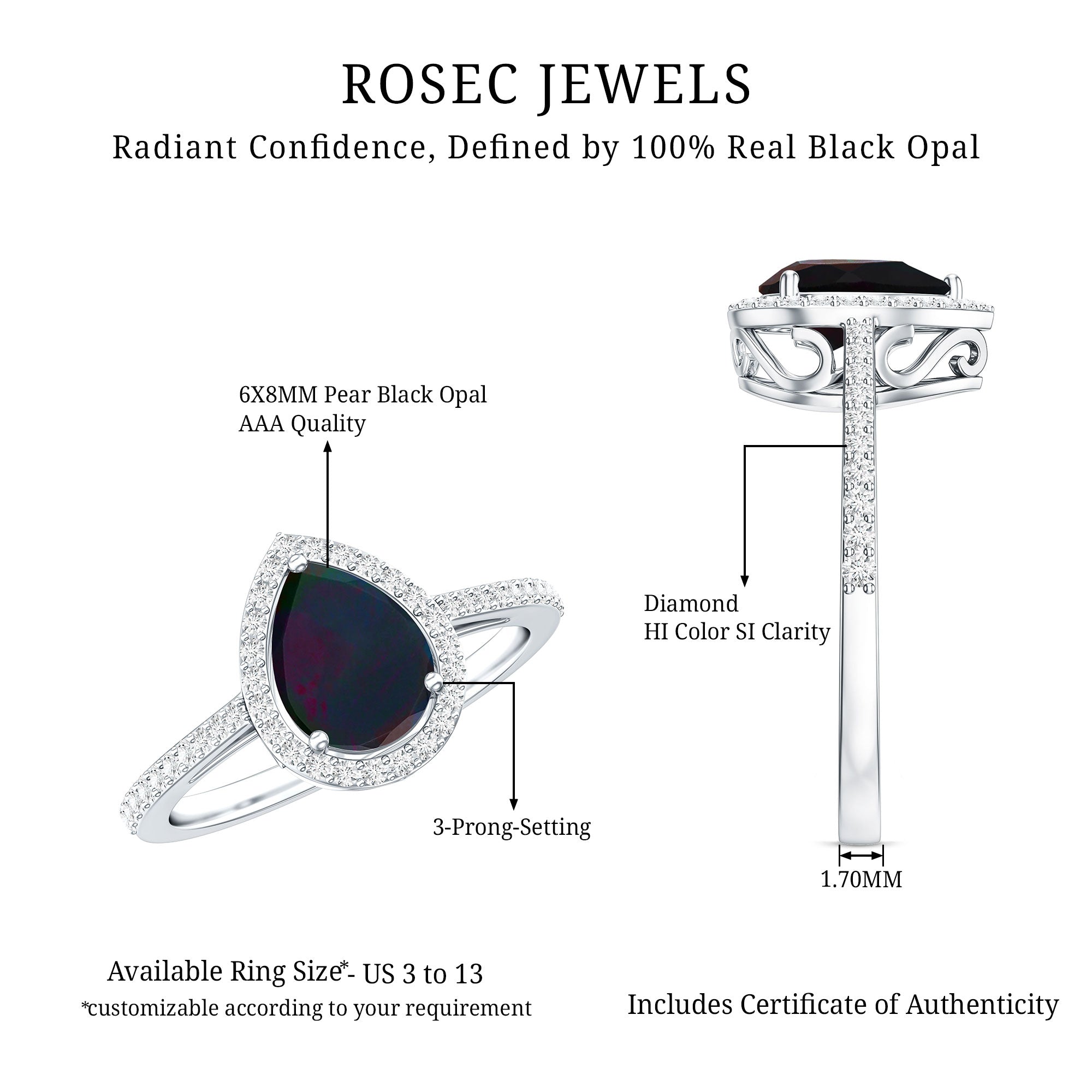 Pear Shape 1 CT Black Opal Engagement Ring with Diamond Halo AAA - Rosec Jewels
