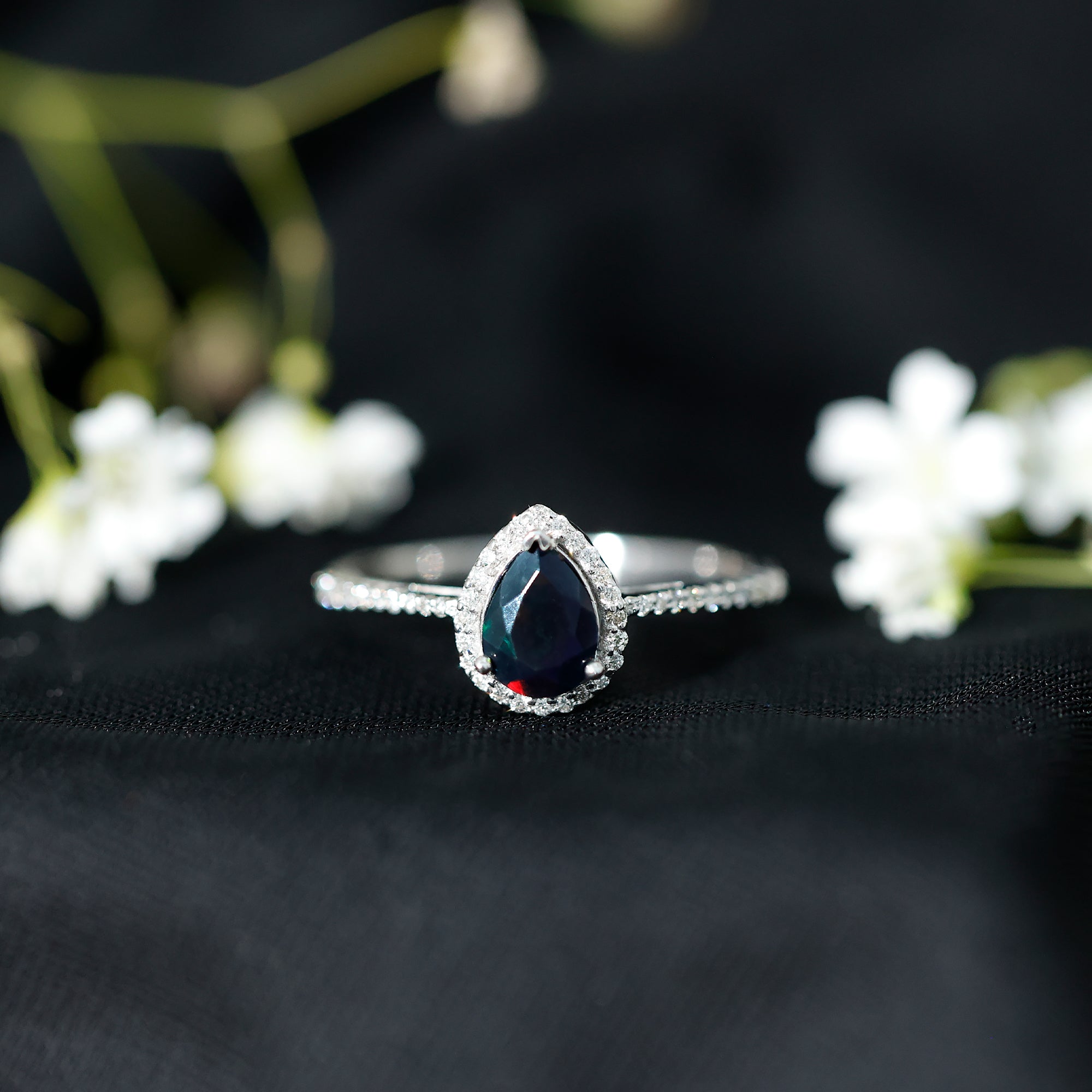 Pear Shape 1 CT Black Opal Engagement Ring with Diamond Halo AAA - Rosec Jewels