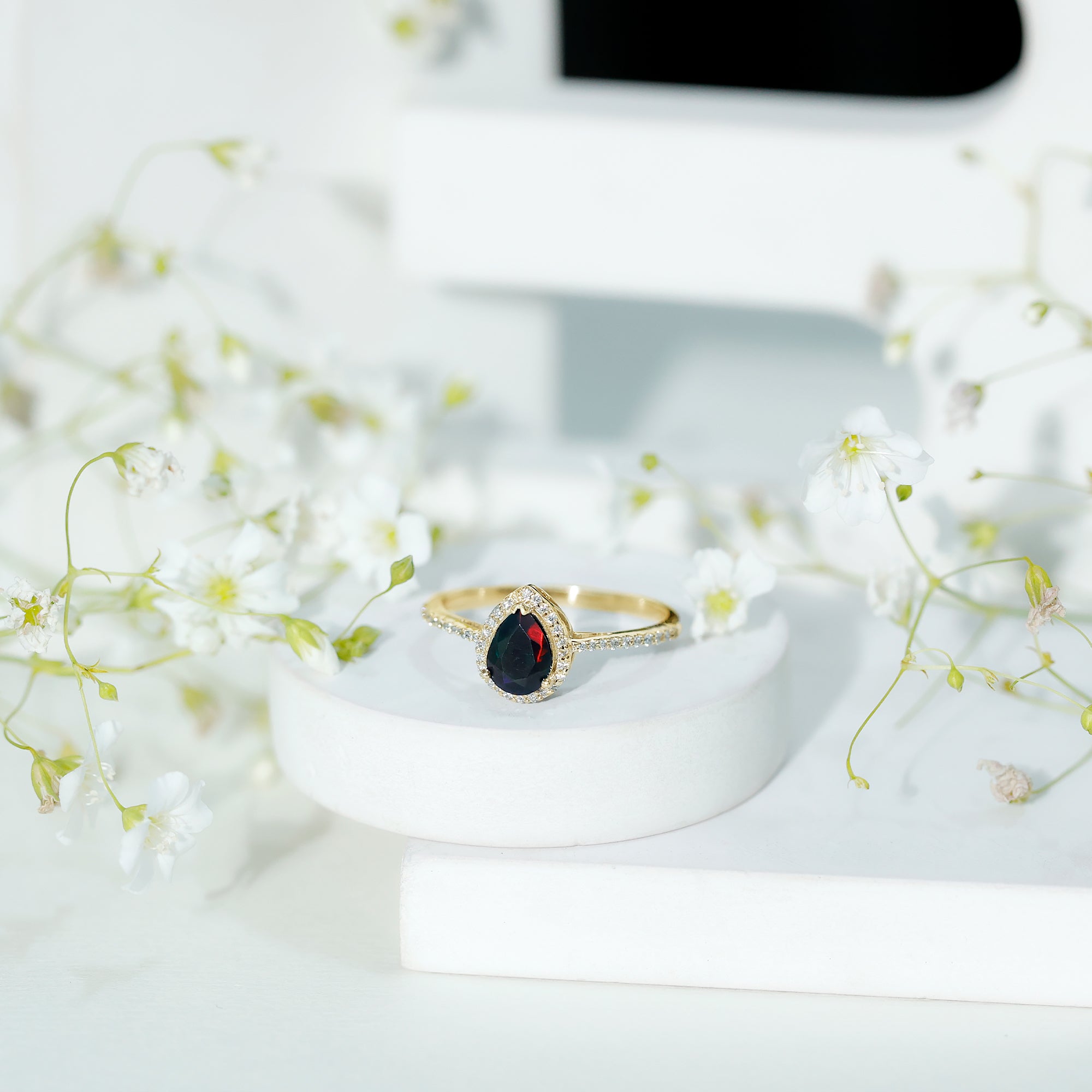 Pear Shape 1 CT Black Opal Engagement Ring with Diamond Halo AAA - Rosec Jewels