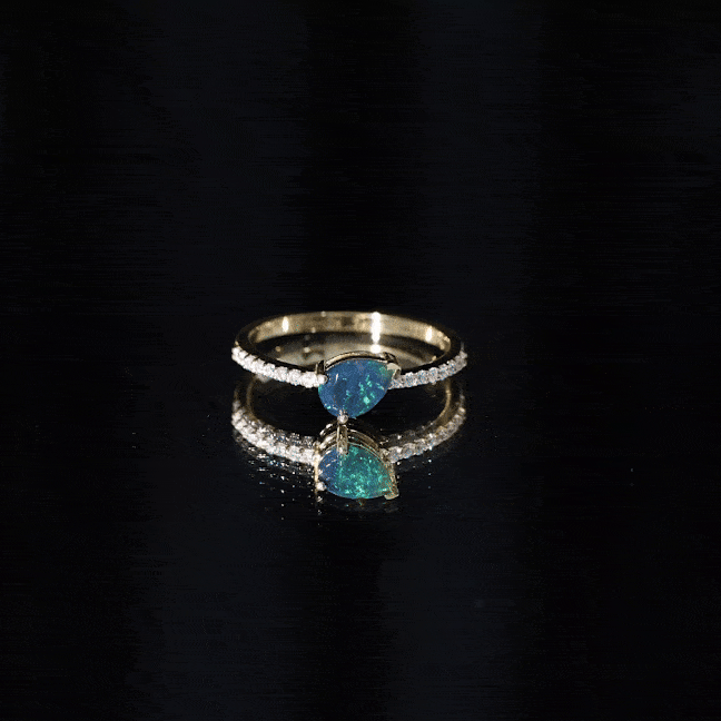 Pear Shape Black Opal Promise Ring with Diamond Side Stones AAA - Rosec Jewels