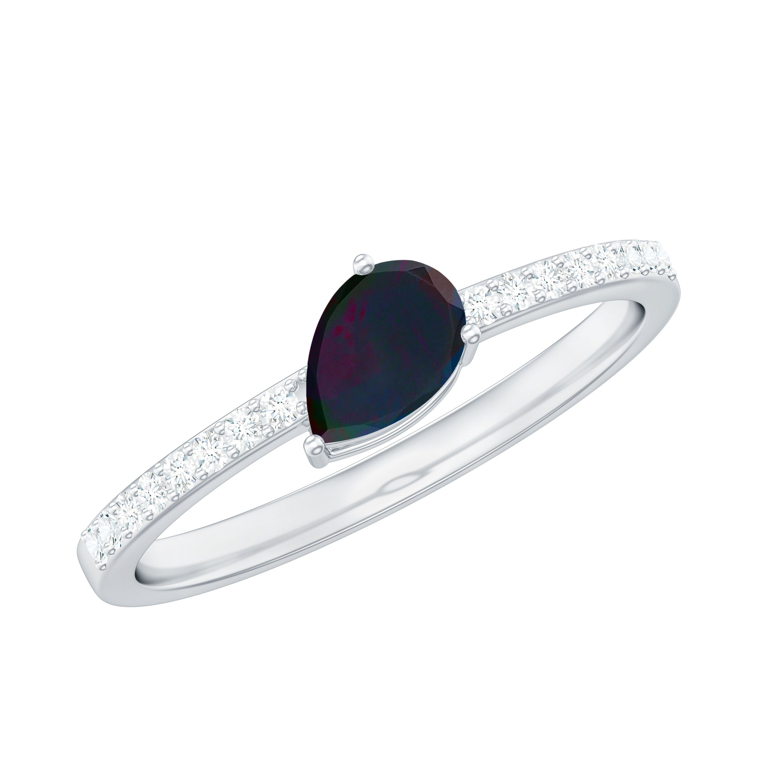 Pear Shape Black Opal Promise Ring with Diamond Side Stones AAA - Rosec Jewels