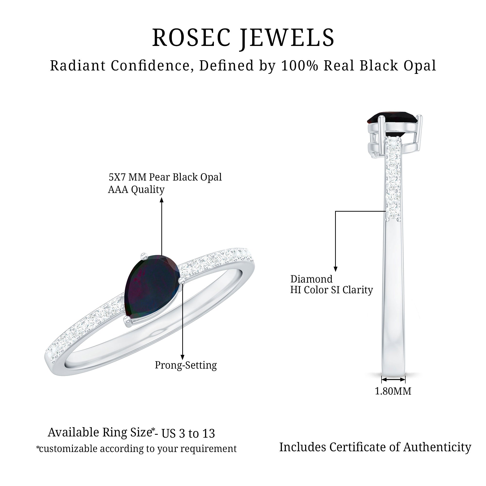 Pear Shape Black Opal Promise Ring with Diamond Side Stones AAA - Rosec Jewels