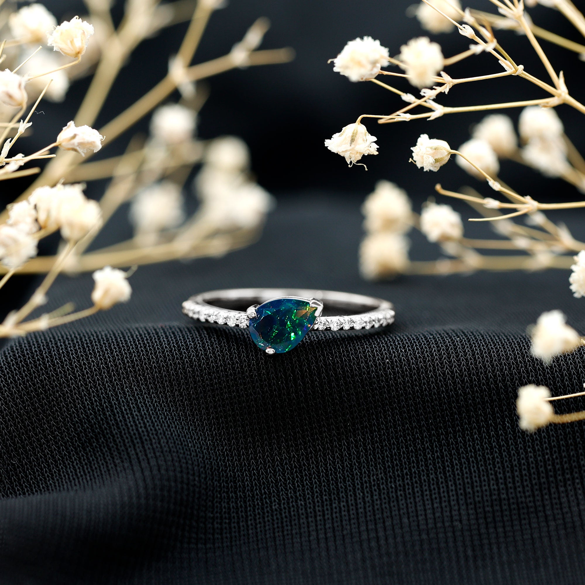 Pear Shape Black Opal Promise Ring with Diamond Side Stones AAA - Rosec Jewels