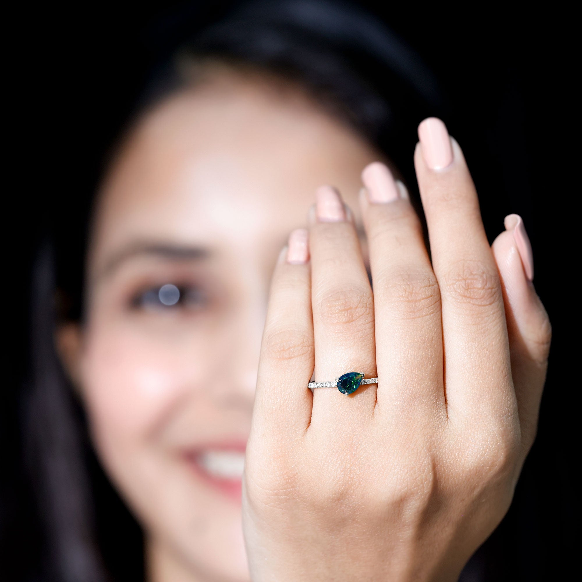 Pear Shape Black Opal Promise Ring with Diamond Side Stones AAA - Rosec Jewels