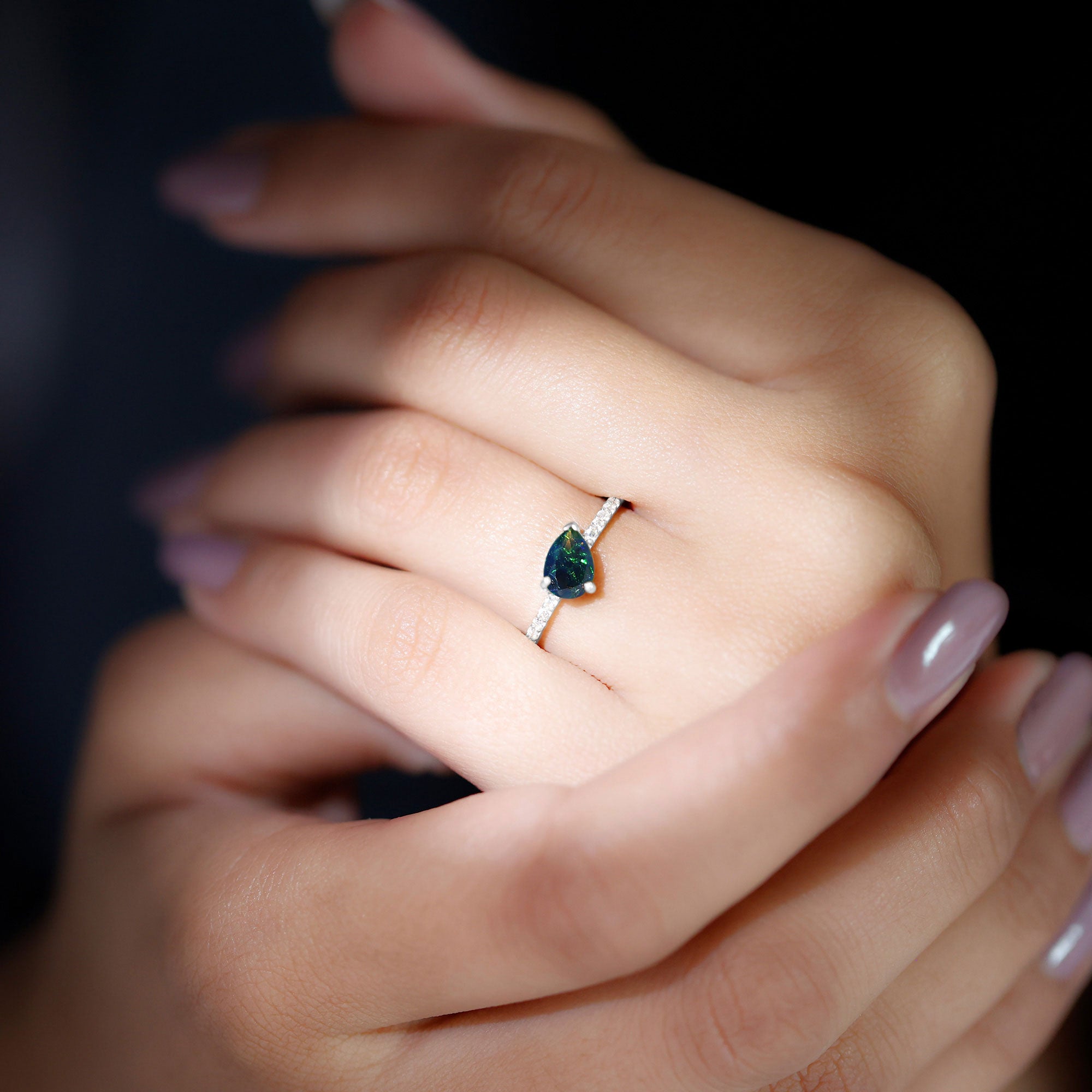 Pear Shape Black Opal Promise Ring with Diamond Side Stones AAA - Rosec Jewels