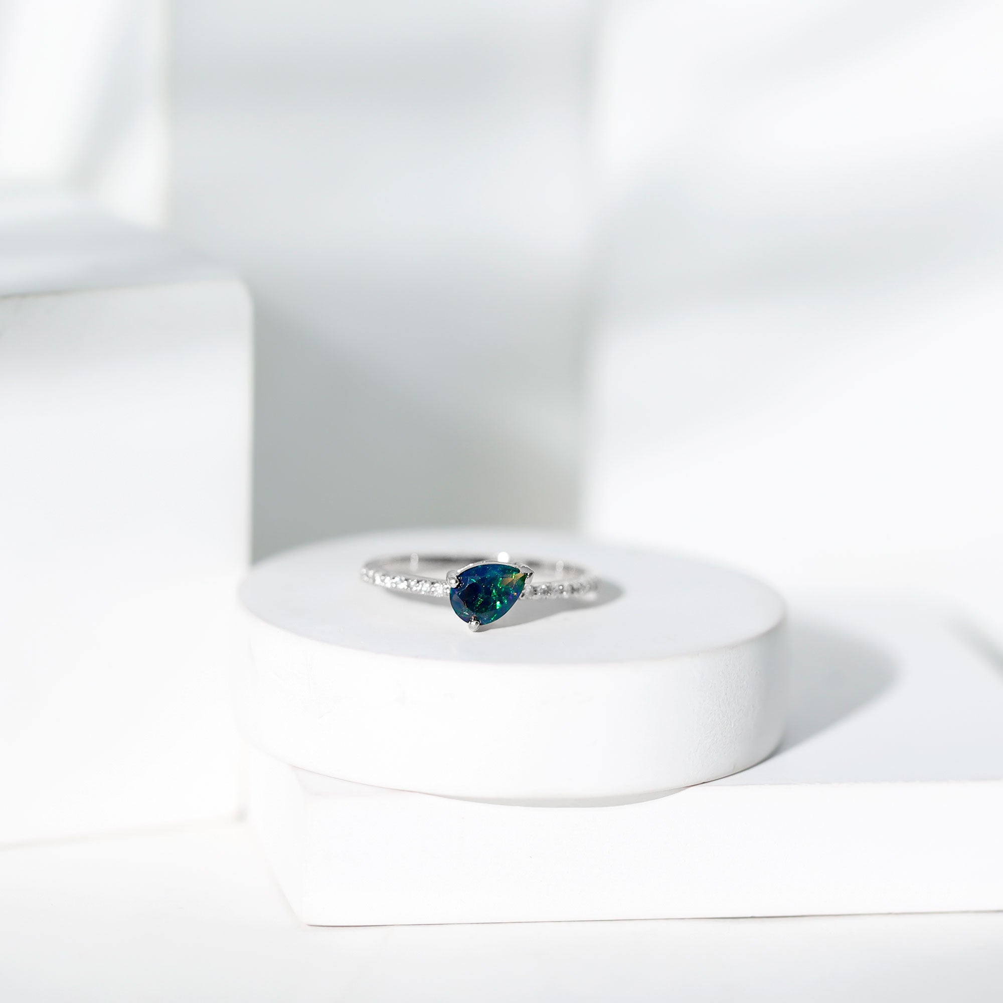 Pear Shape Black Opal Promise Ring with Diamond Side Stones AAA - Rosec Jewels