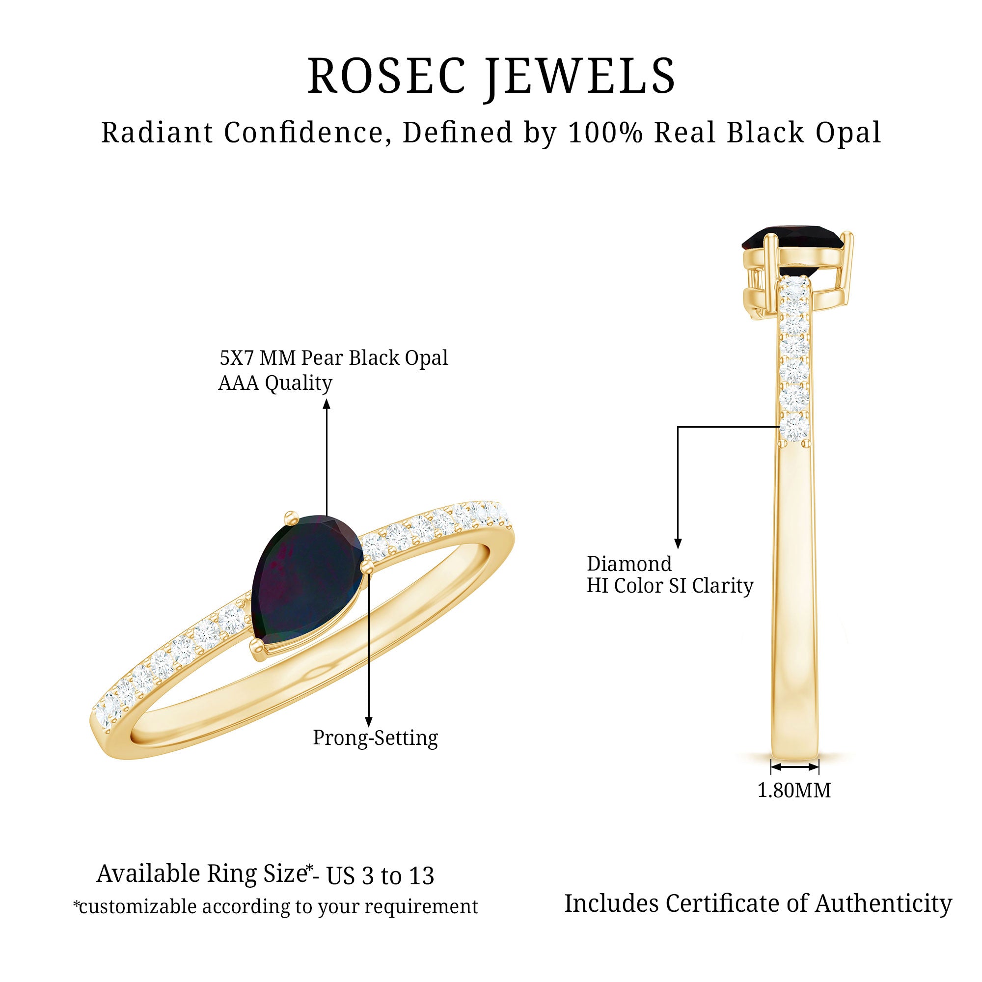 Pear Shape Black Opal Promise Ring with Diamond Side Stones AAA - Rosec Jewels