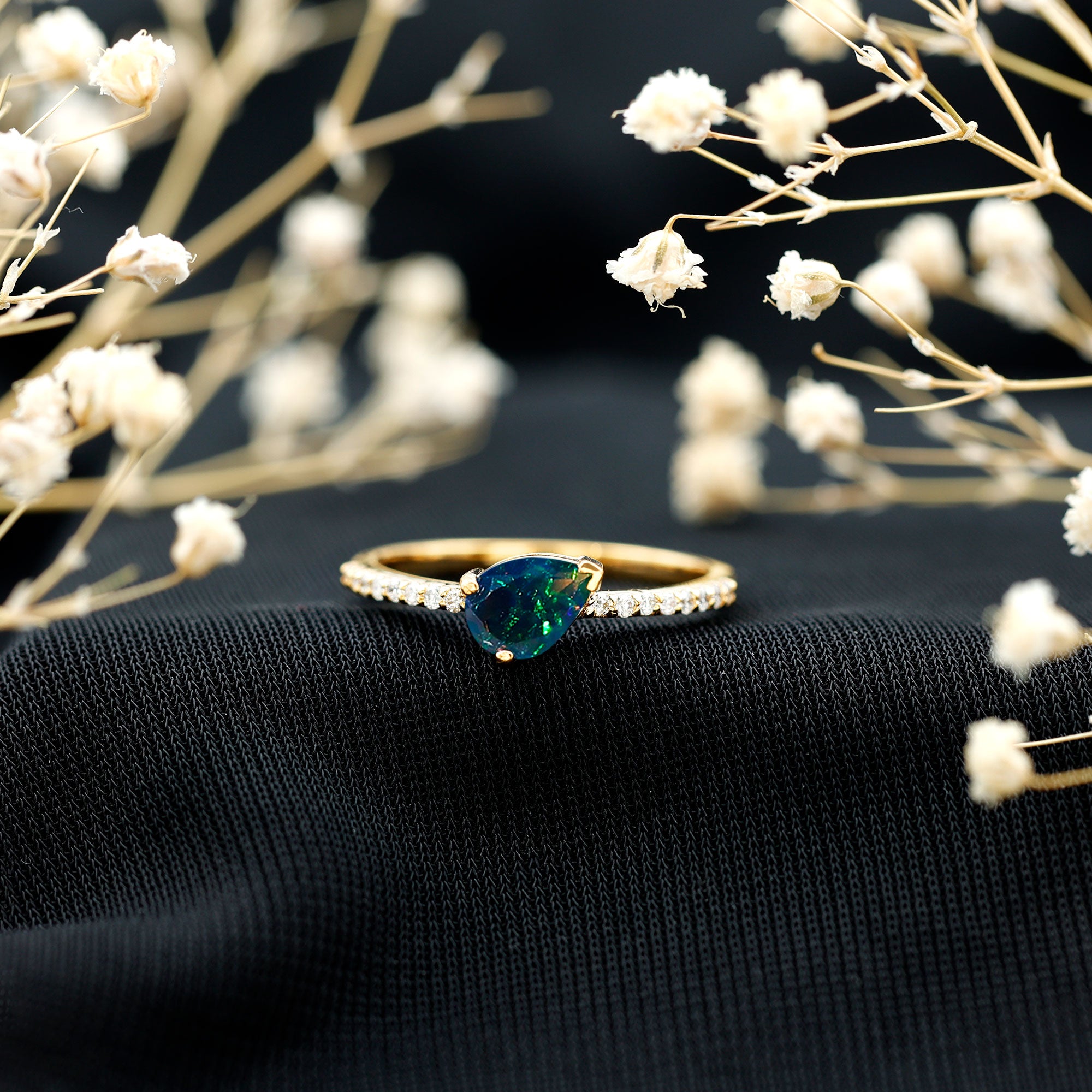 Pear Shape Black Opal Promise Ring with Diamond Side Stones AAA - Rosec Jewels