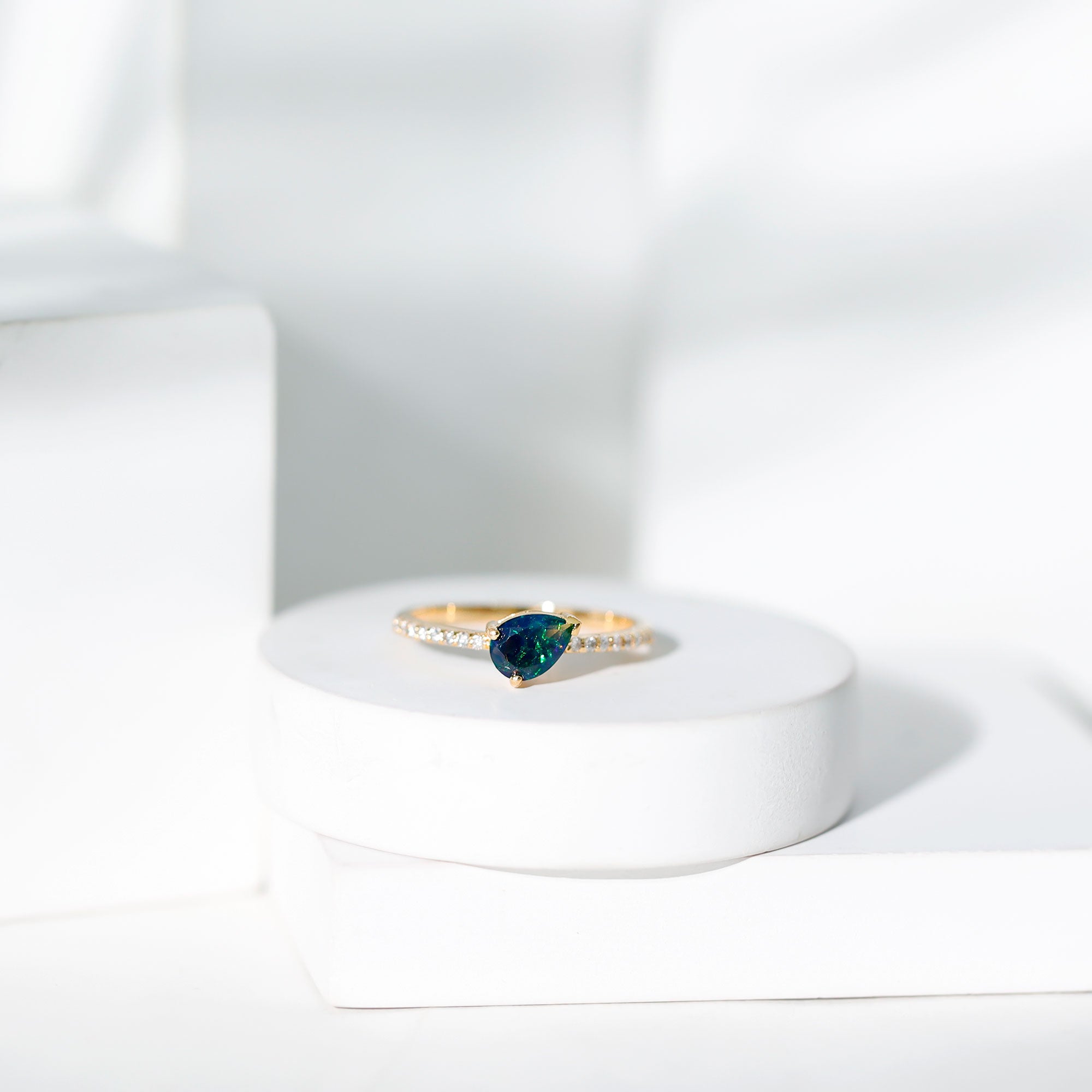 Pear Shape Black Opal Promise Ring with Diamond Side Stones AAA - Rosec Jewels