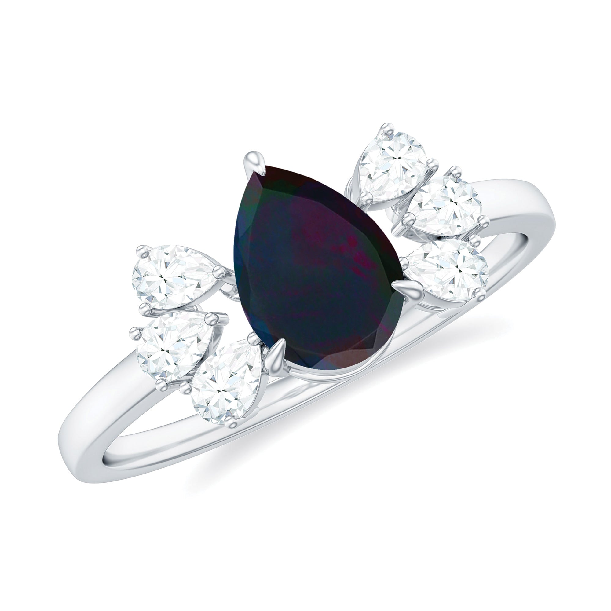 Pear Cut Black Opal Solitaire Engagement Ring with Diamond Trio