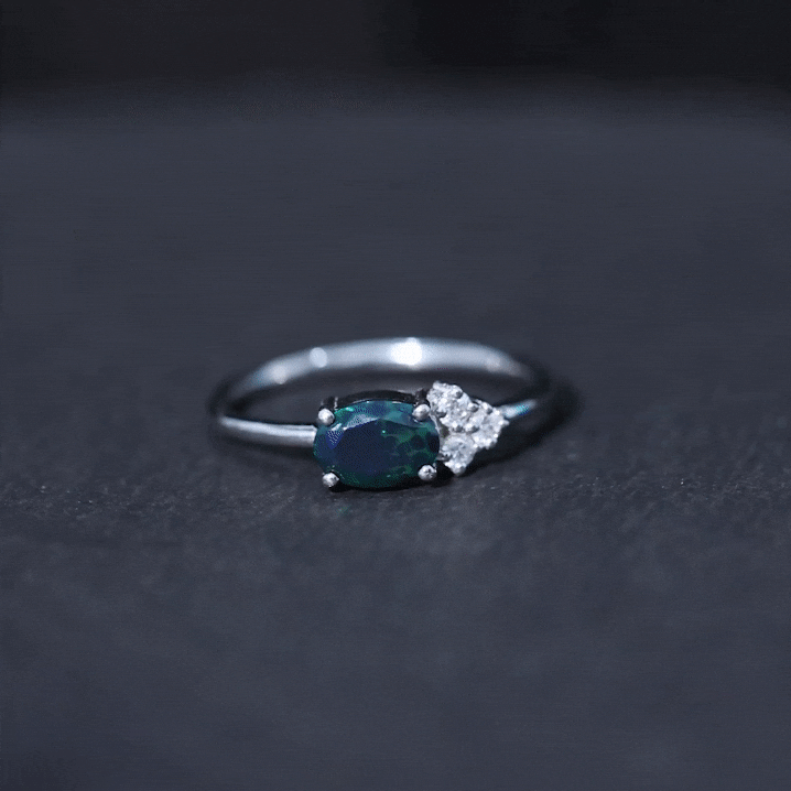 Oval Black Opal East West Ring with Diamond Trio AAA - Rosec Jewels