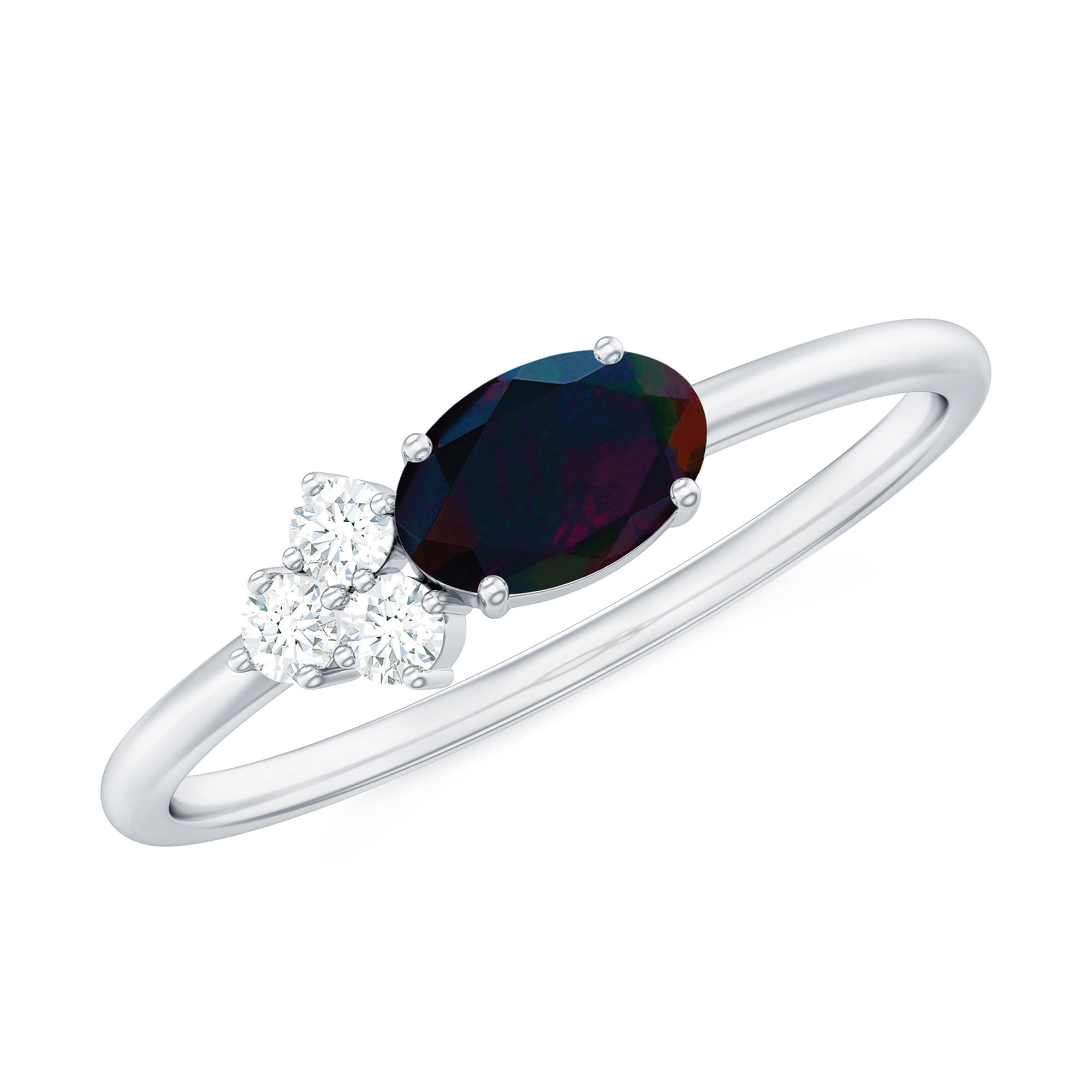 Oval Black Opal East West Ring with Diamond Trio AAA - Rosec Jewels