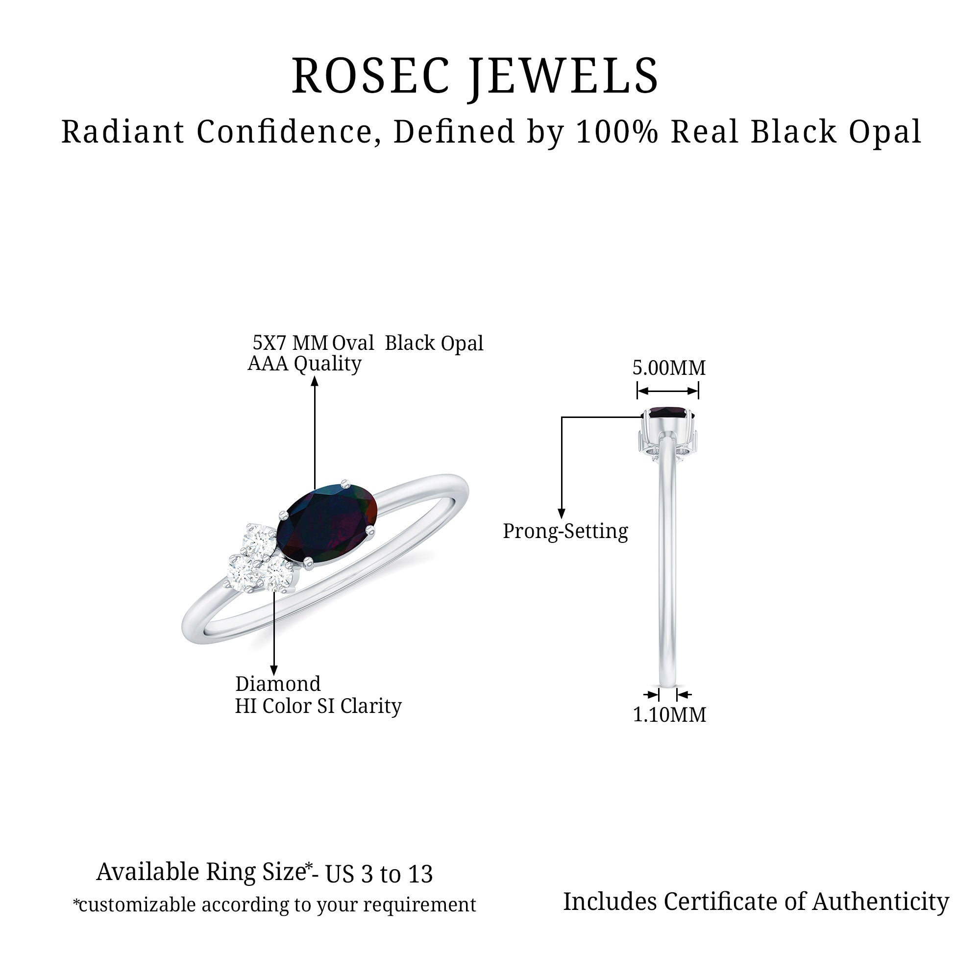 Oval Black Opal East West Ring with Diamond Trio AAA - Rosec Jewels