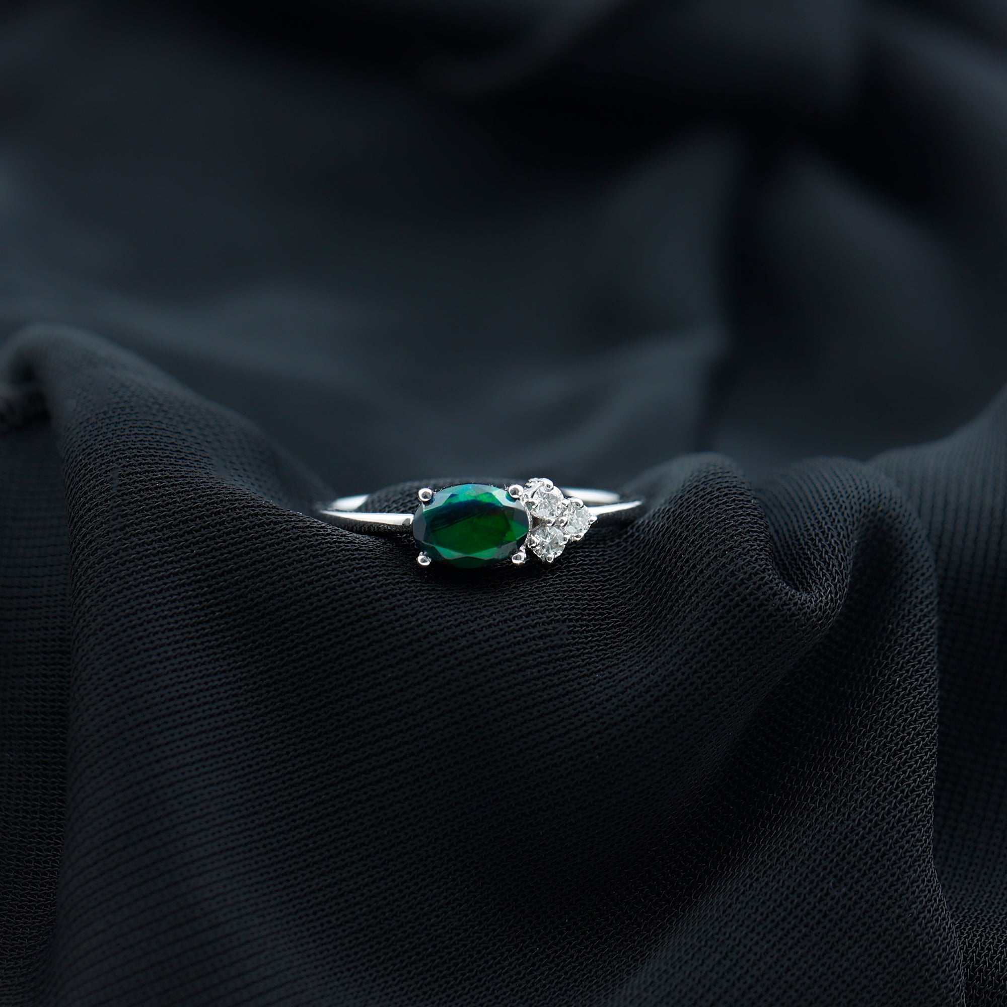 Oval Black Opal East West Ring with Diamond Trio AAA - Rosec Jewels