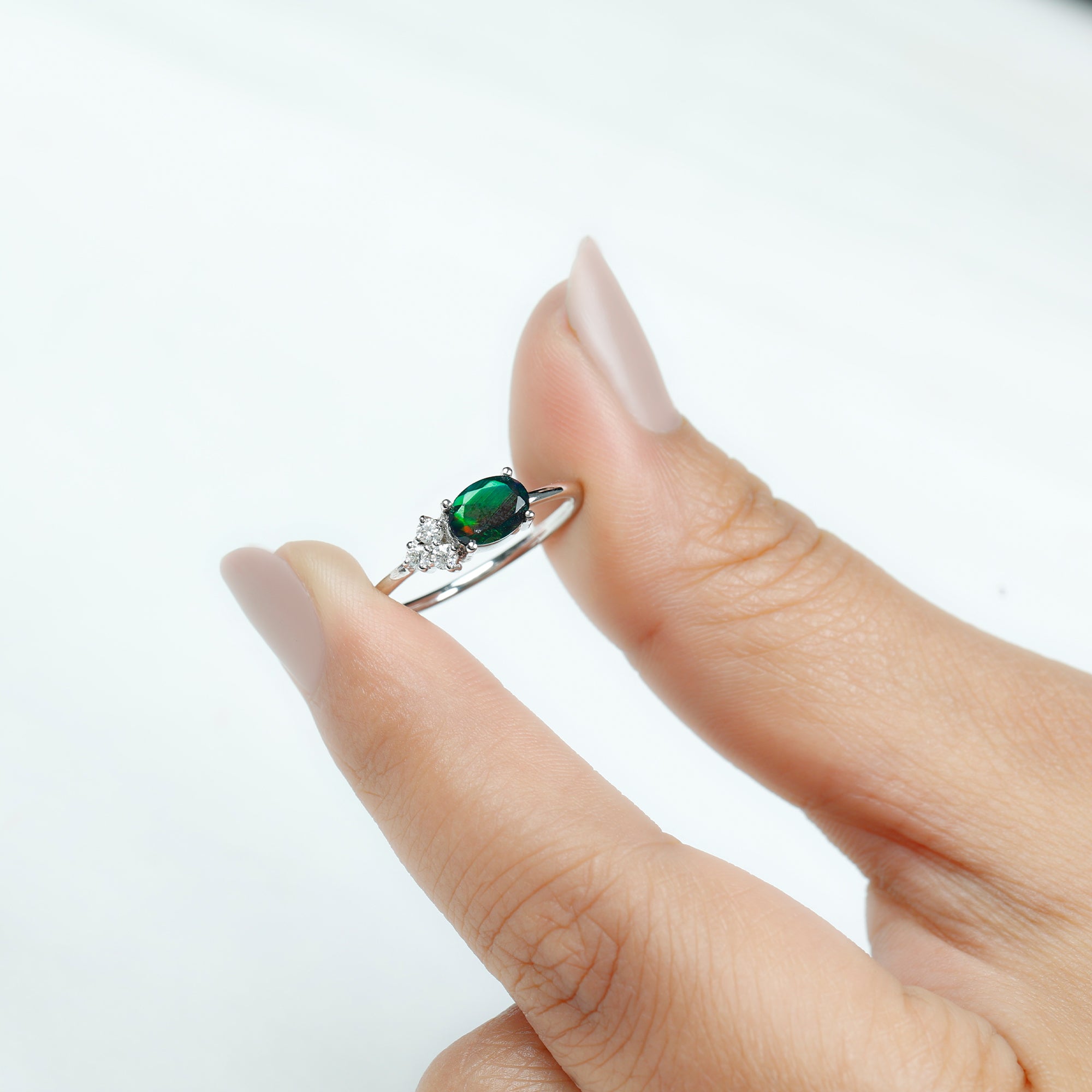Oval Black Opal East West Ring with Diamond Trio AAA - Rosec Jewels