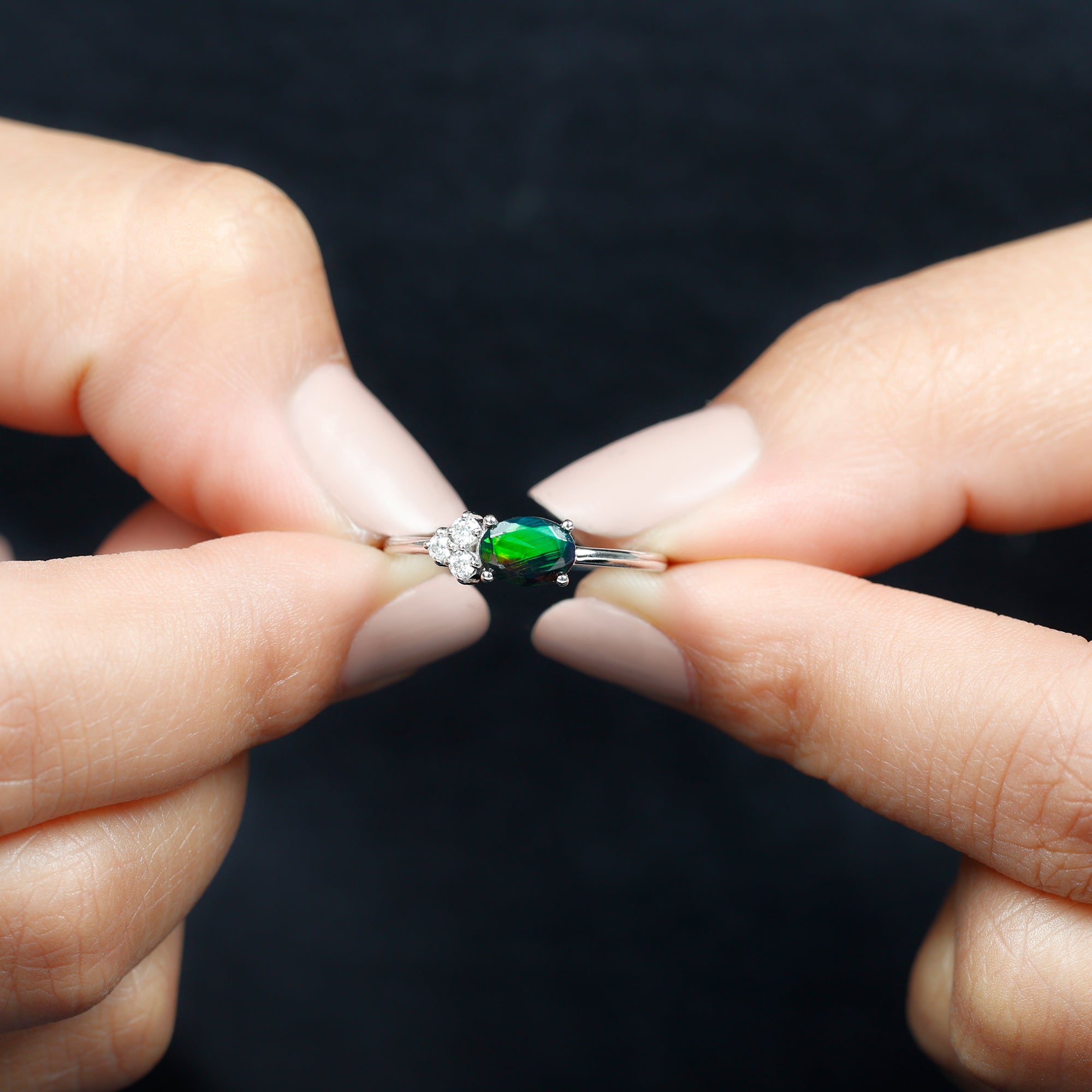 Oval Black Opal East West Ring with Diamond Trio AAA - Rosec Jewels