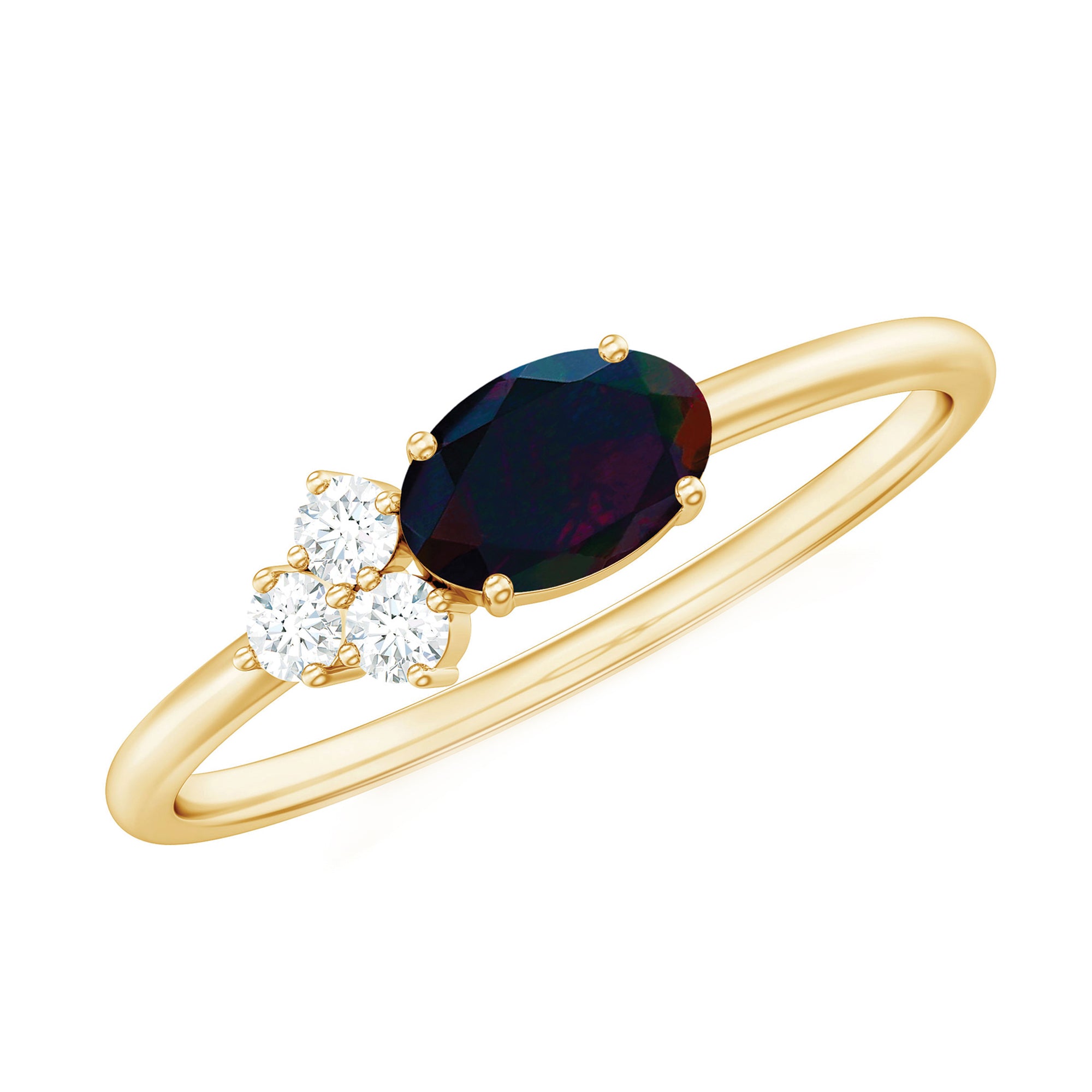 Oval Black Opal East West Ring with Diamond Trio AAA - Rosec Jewels