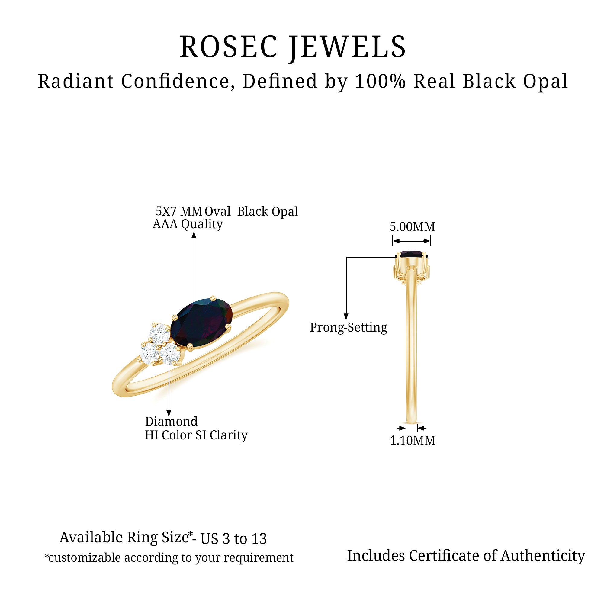 Oval Black Opal East West Ring with Diamond Trio AAA - Rosec Jewels