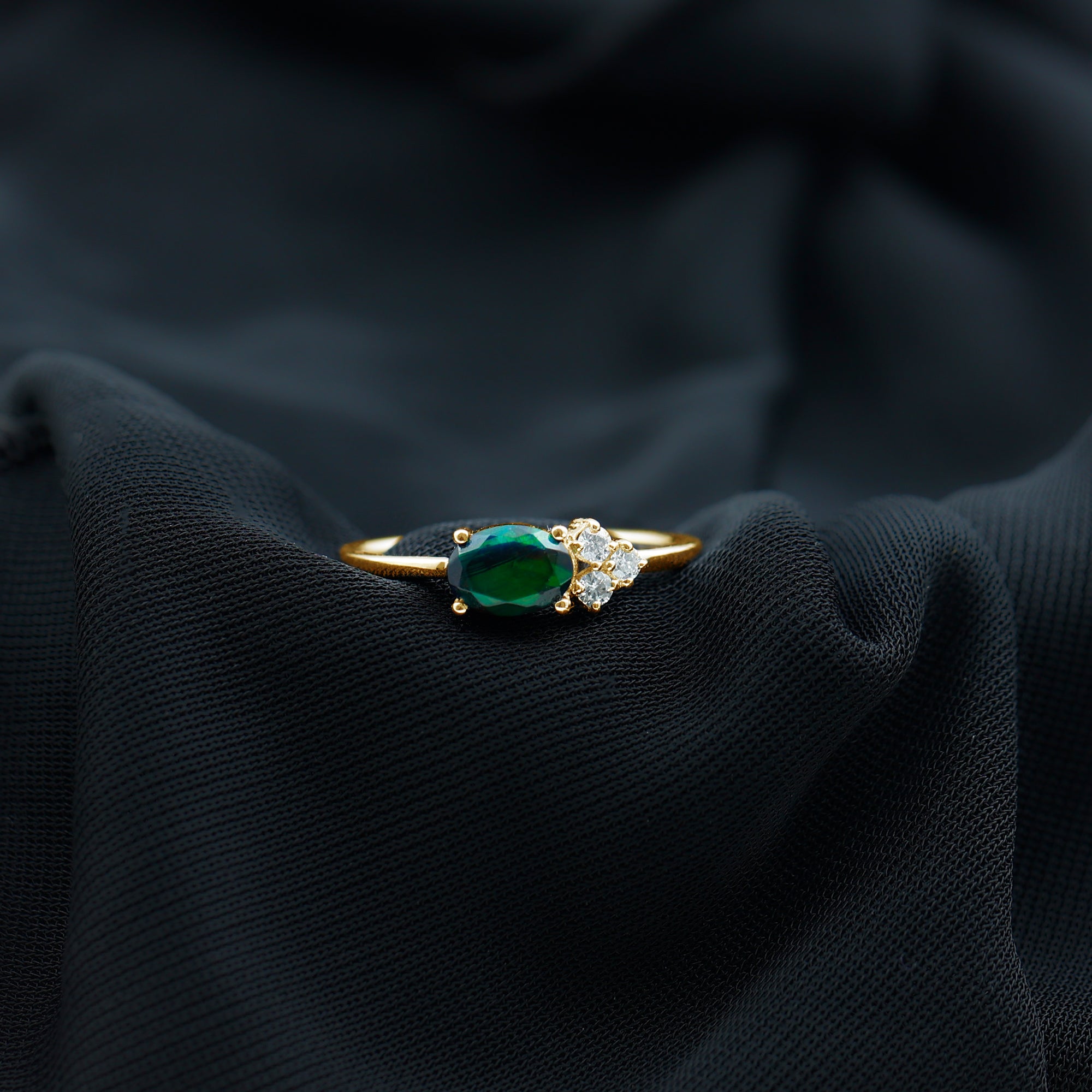 Oval Black Opal East West Ring with Diamond Trio AAA - Rosec Jewels