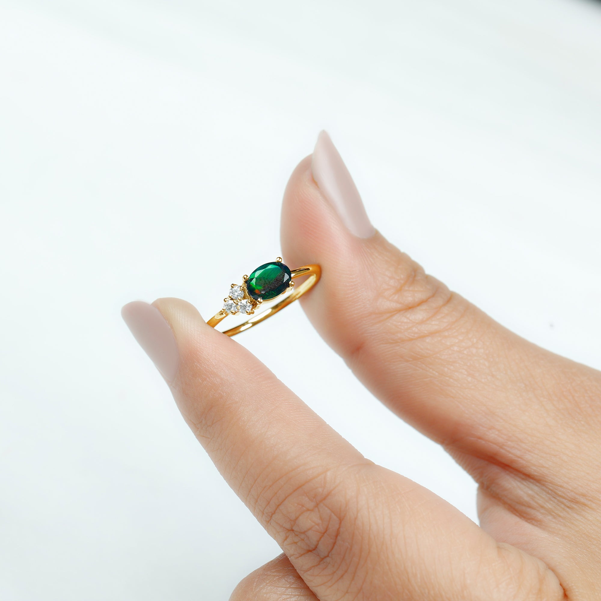 Oval Black Opal East West Ring with Diamond Trio AAA - Rosec Jewels