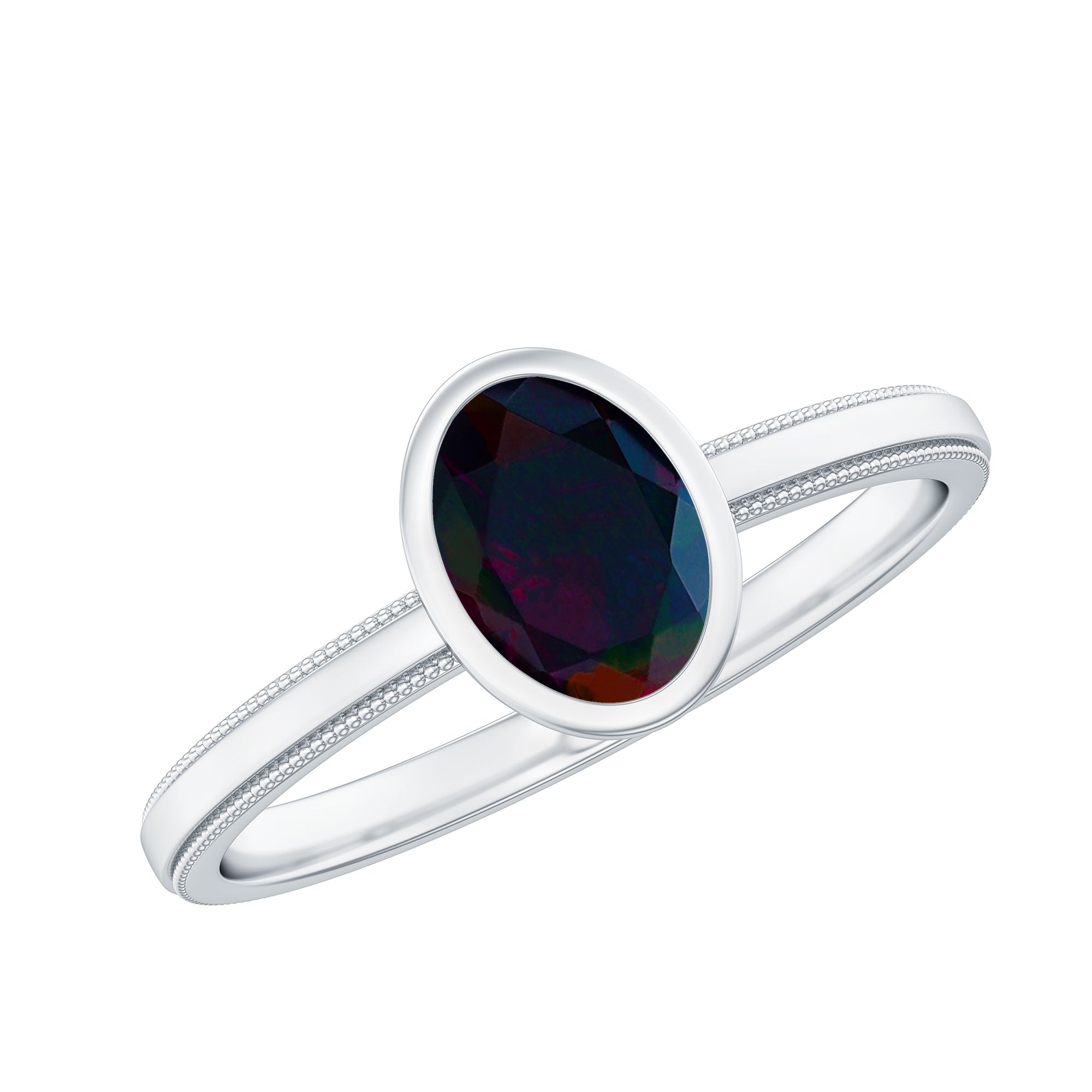 Oval Cut 5X7MM Black Opal Bezel Set Engagement Ring AAA - Rosec Jewels