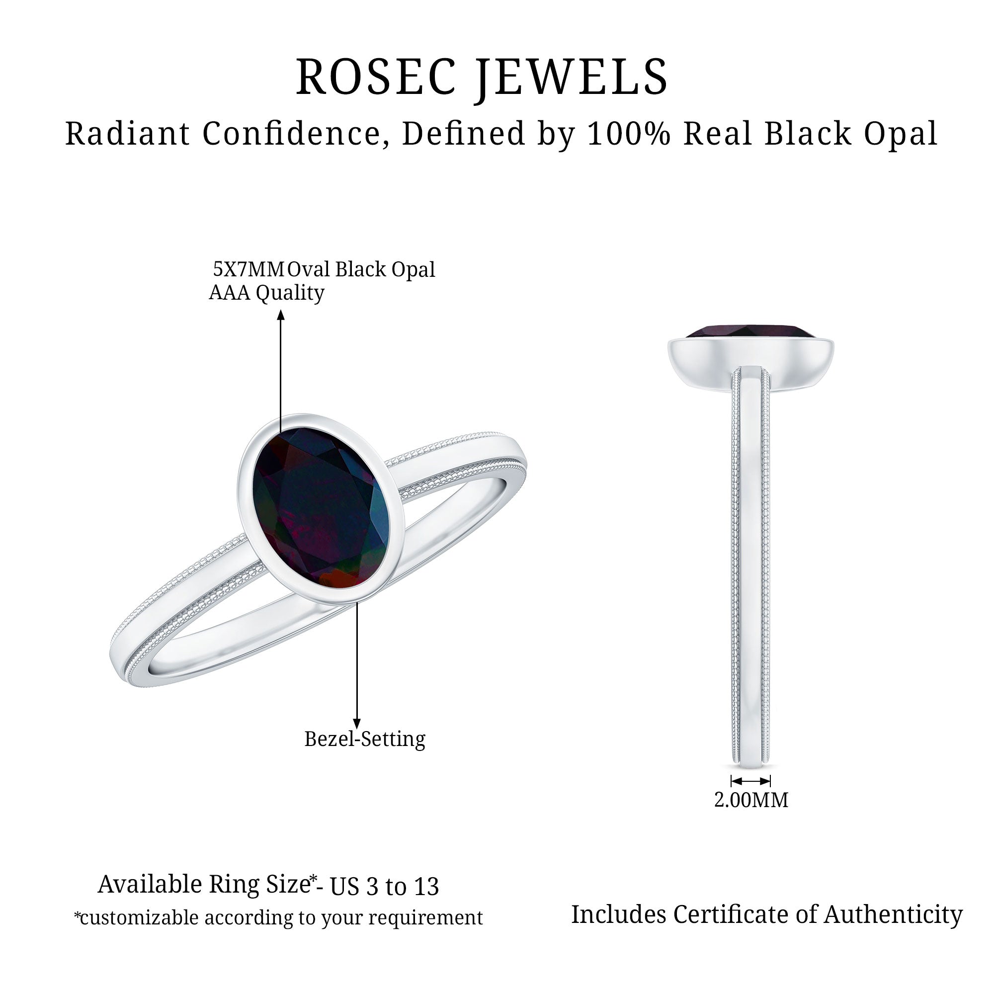 Oval Cut 5X7MM Black Opal Bezel Set Engagement Ring AAA - Rosec Jewels