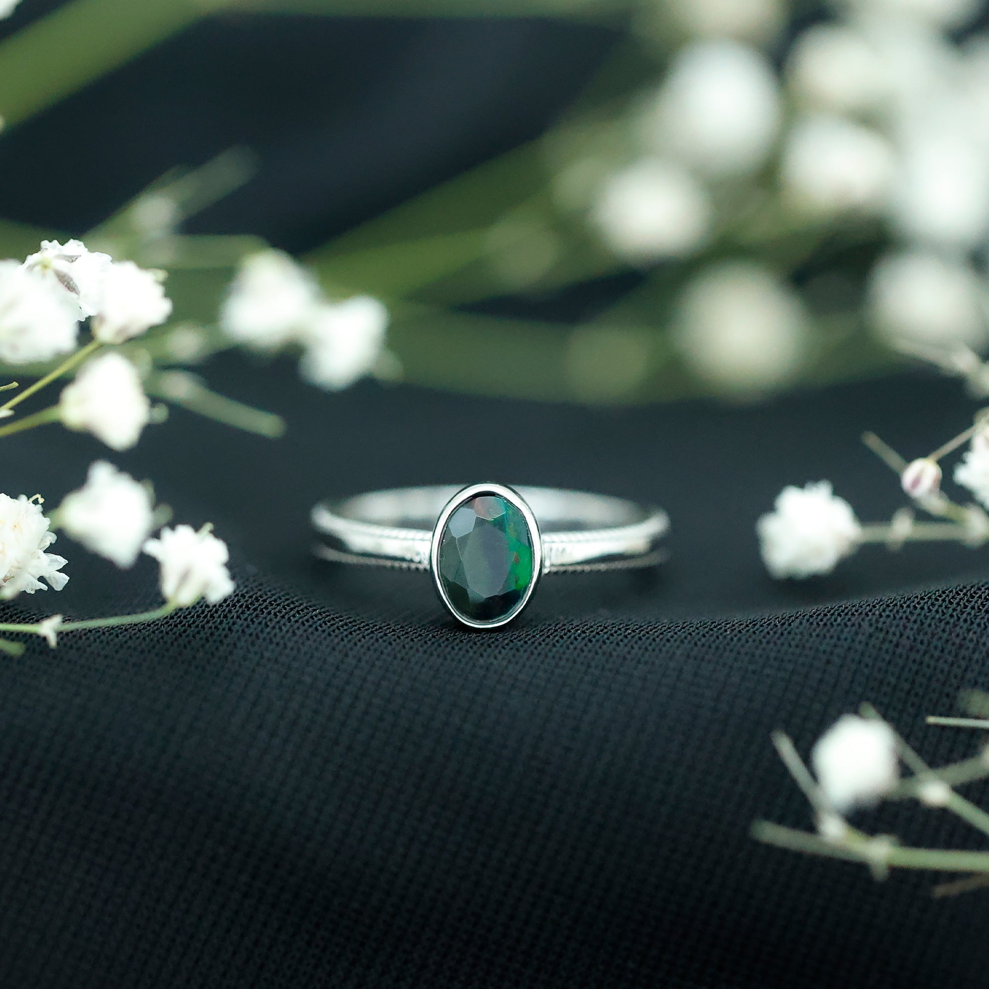 Oval Cut 5X7MM Black Opal Bezel Set Engagement Ring AAA - Rosec Jewels