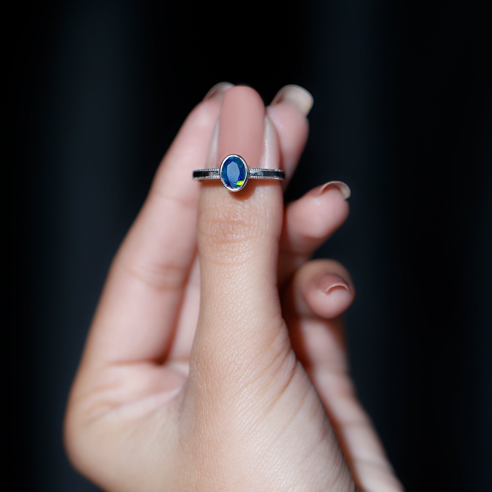 Oval Cut 5X7MM Black Opal Bezel Set Engagement Ring AAA - Rosec Jewels