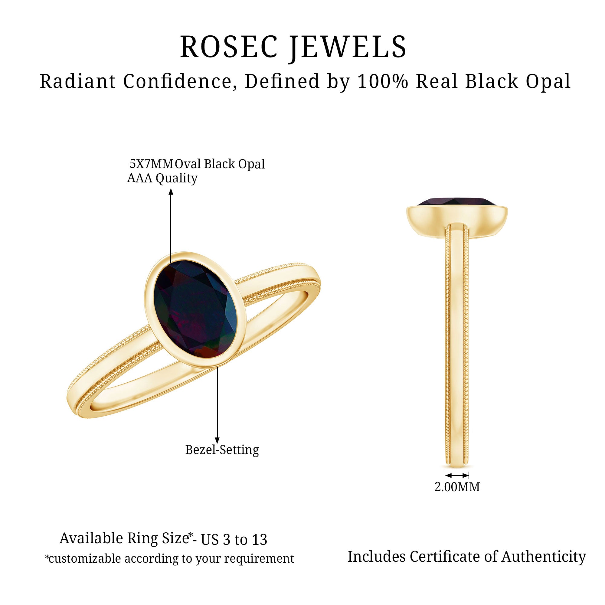 Oval Cut 5X7MM Black Opal Bezel Set Engagement Ring AAA - Rosec Jewels