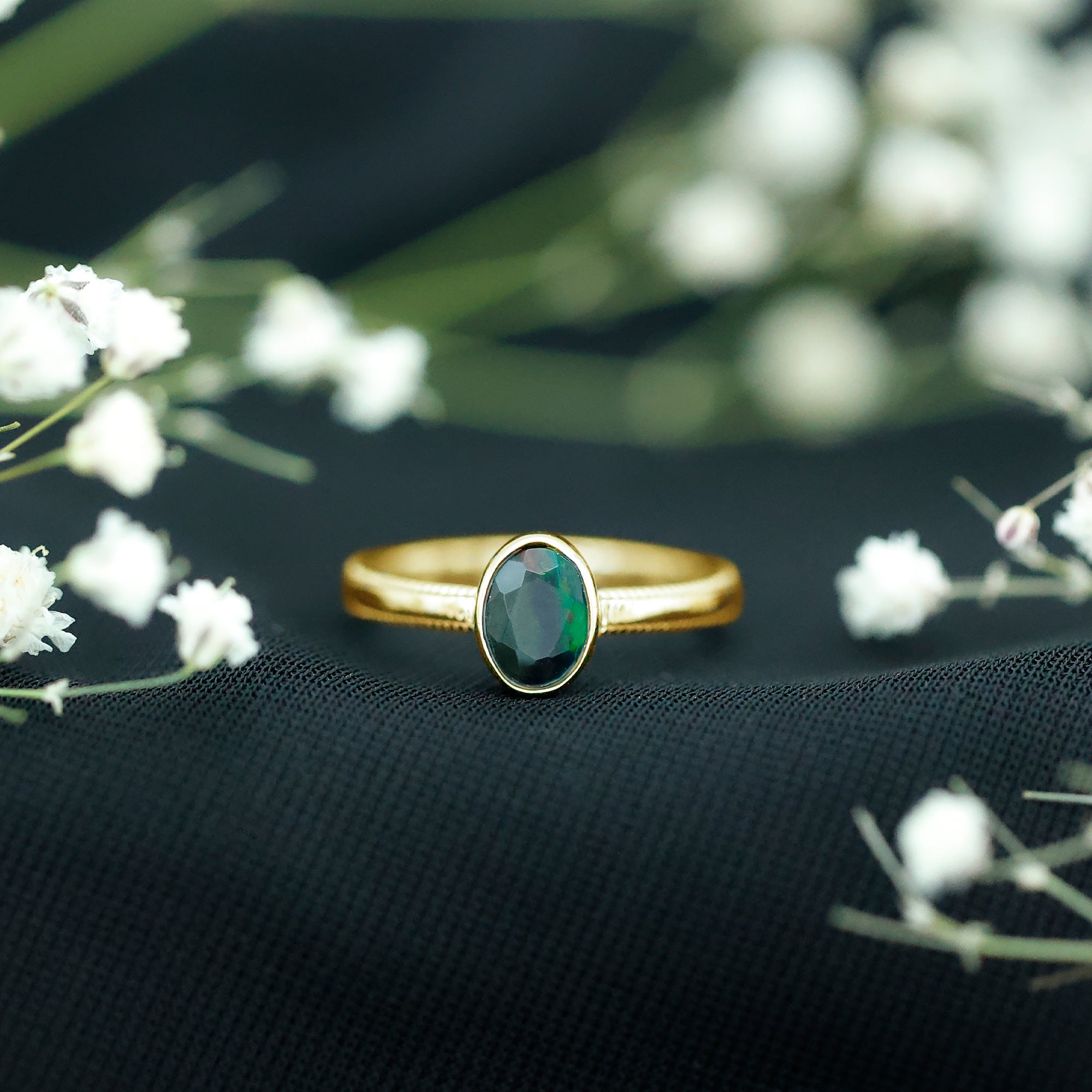Oval Cut 5X7MM Black Opal Bezel Set Engagement Ring AAA - Rosec Jewels