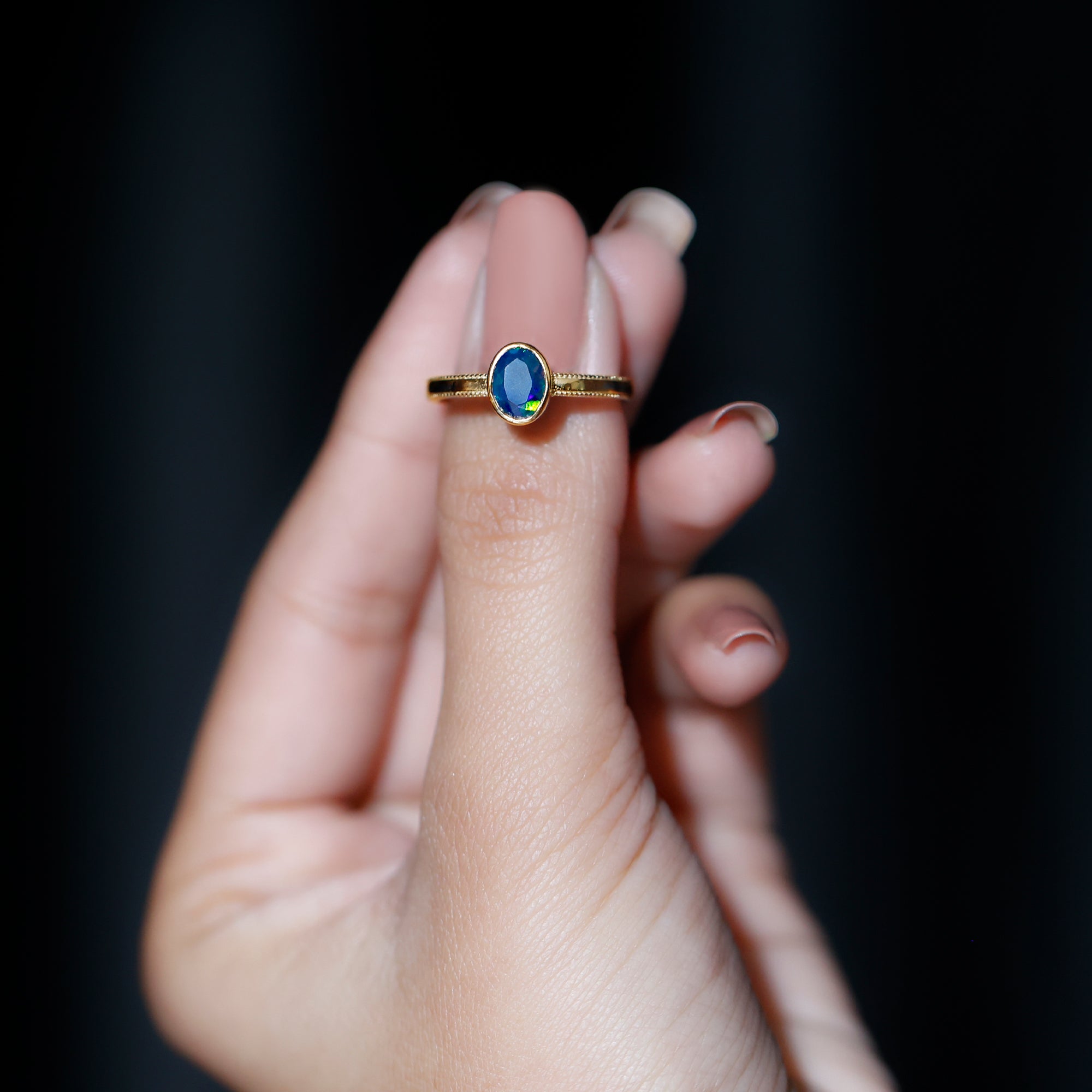 Oval Cut 5X7MM Black Opal Bezel Set Engagement Ring AAA - Rosec Jewels