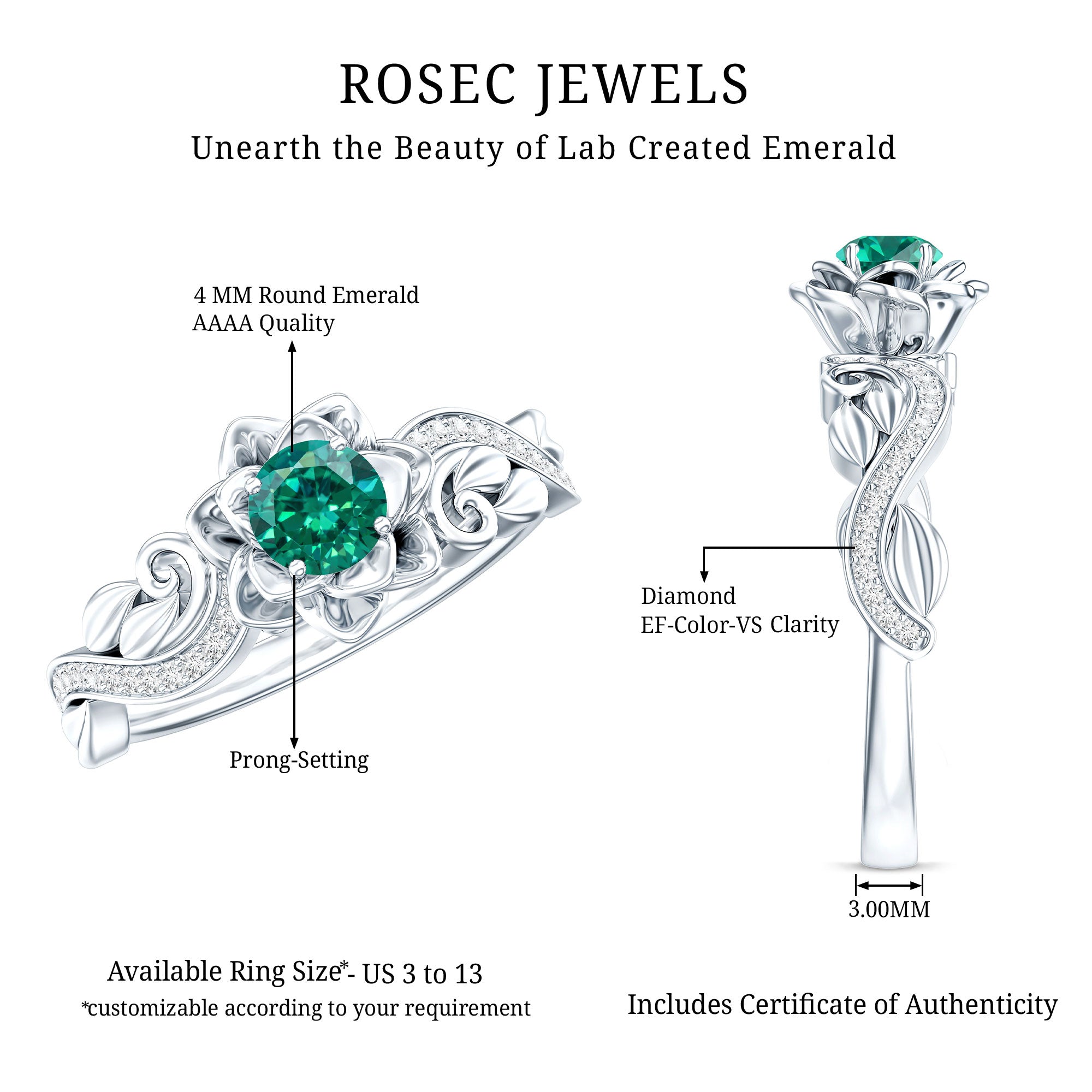 Lab Grown Emerald Diamond Flower Engagement Ring with Certificate AAAA - Rosec Jewels