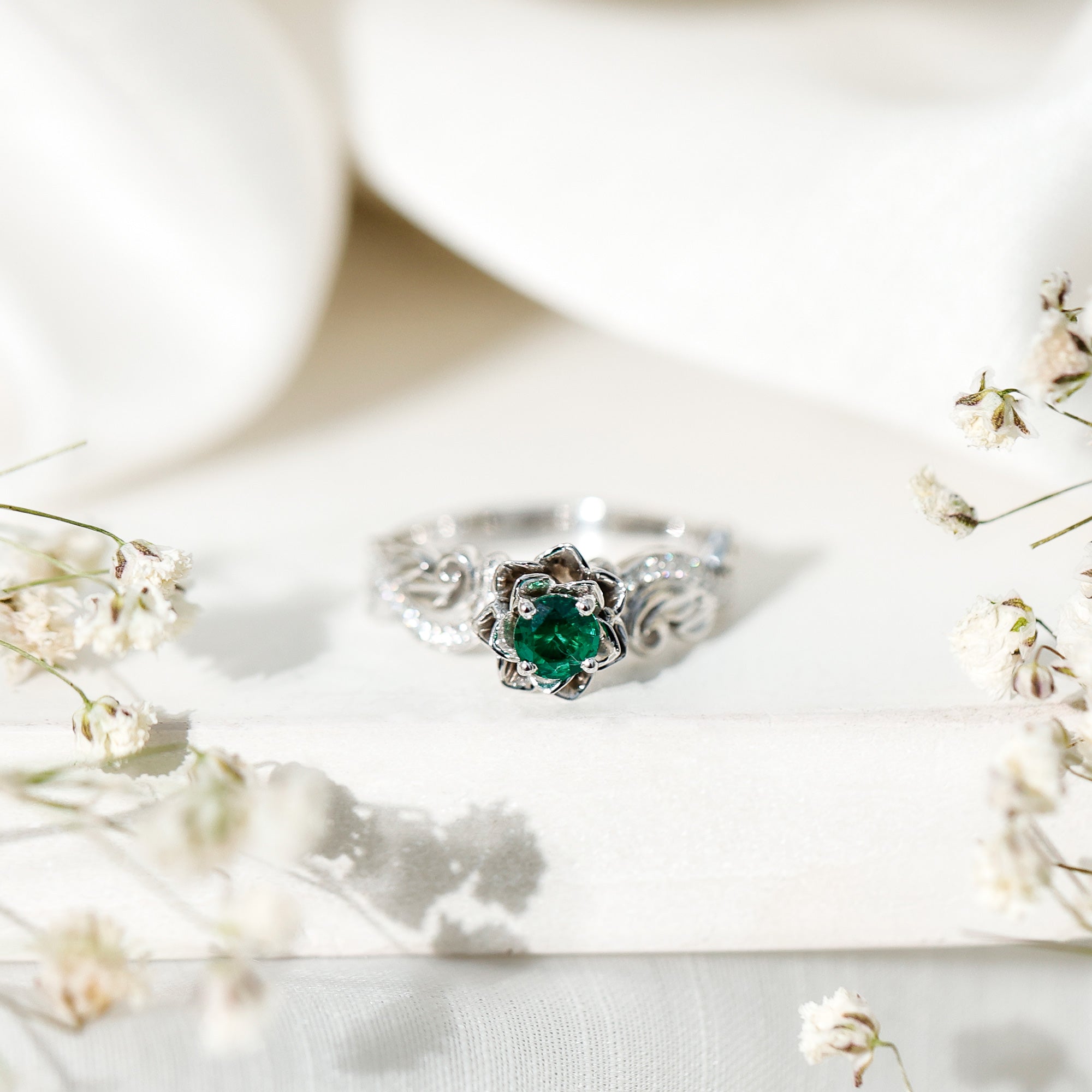Lab Grown Emerald Diamond Flower Engagement Ring with Certificate AAAA - Rosec Jewels