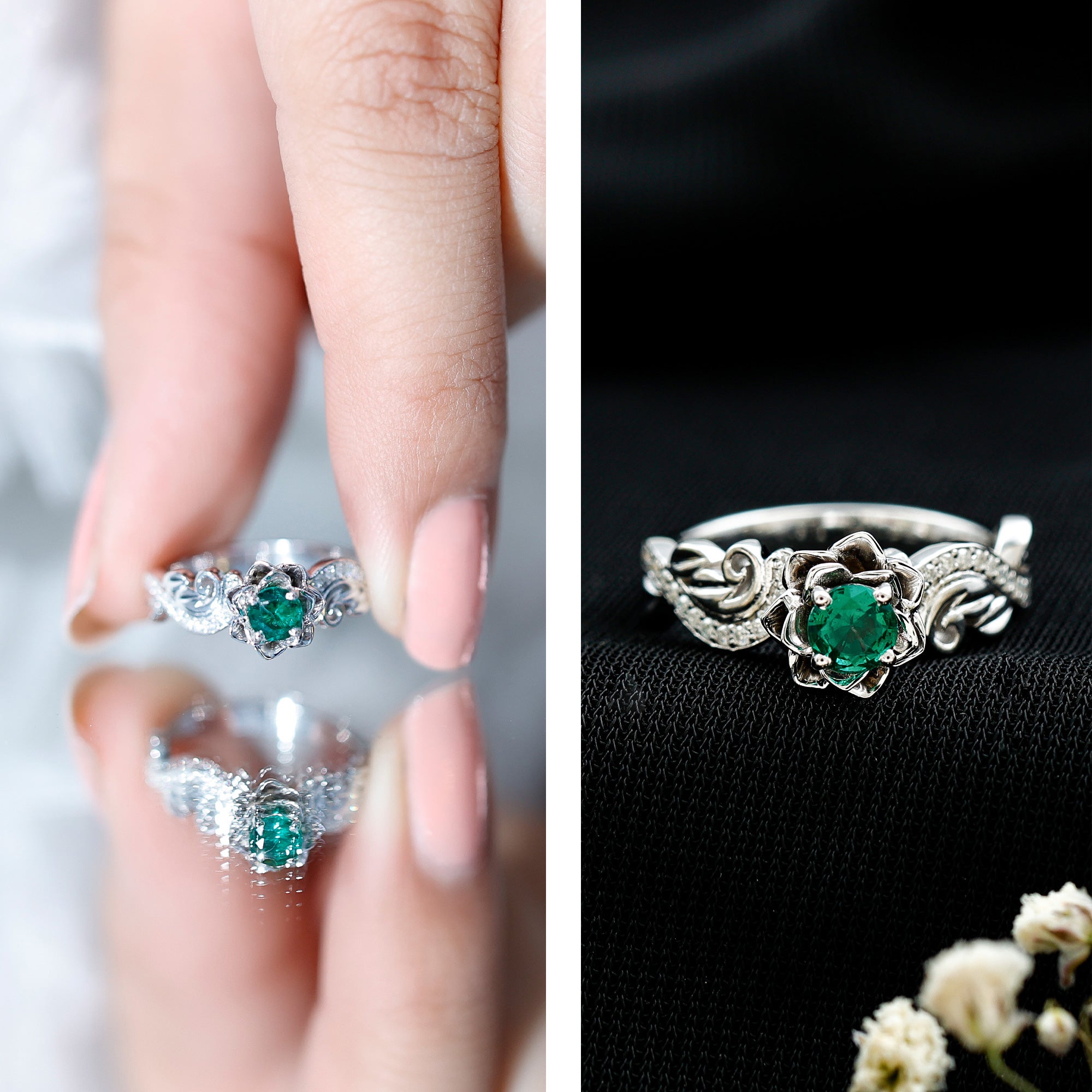 Lab Grown Emerald Diamond Flower Engagement Ring with Certificate AAAA - Rosec Jewels