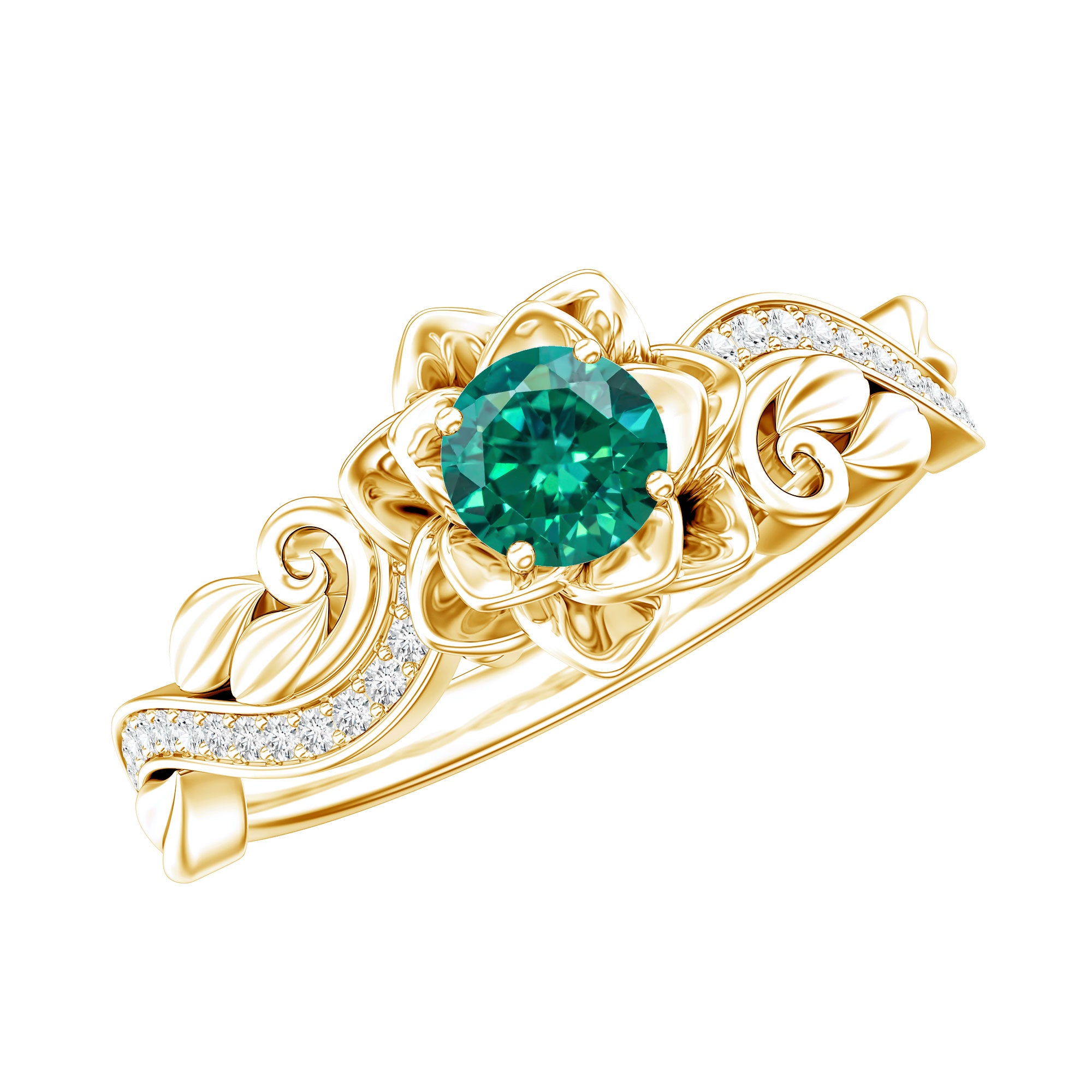 Lab Grown Emerald Diamond Flower Engagement Ring with Certificate AAAA - Rosec Jewels
