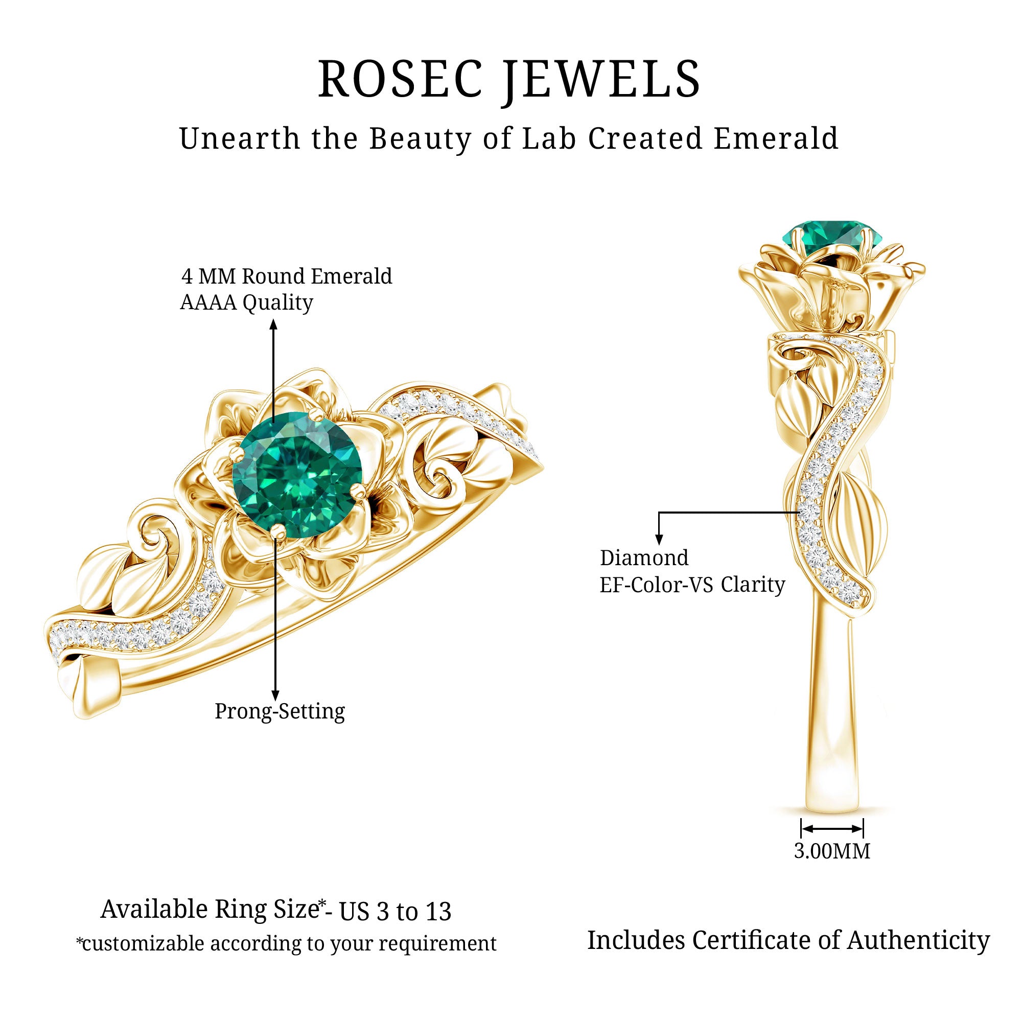 Lab Grown Emerald Diamond Flower Engagement Ring with Certificate AAAA - Rosec Jewels
