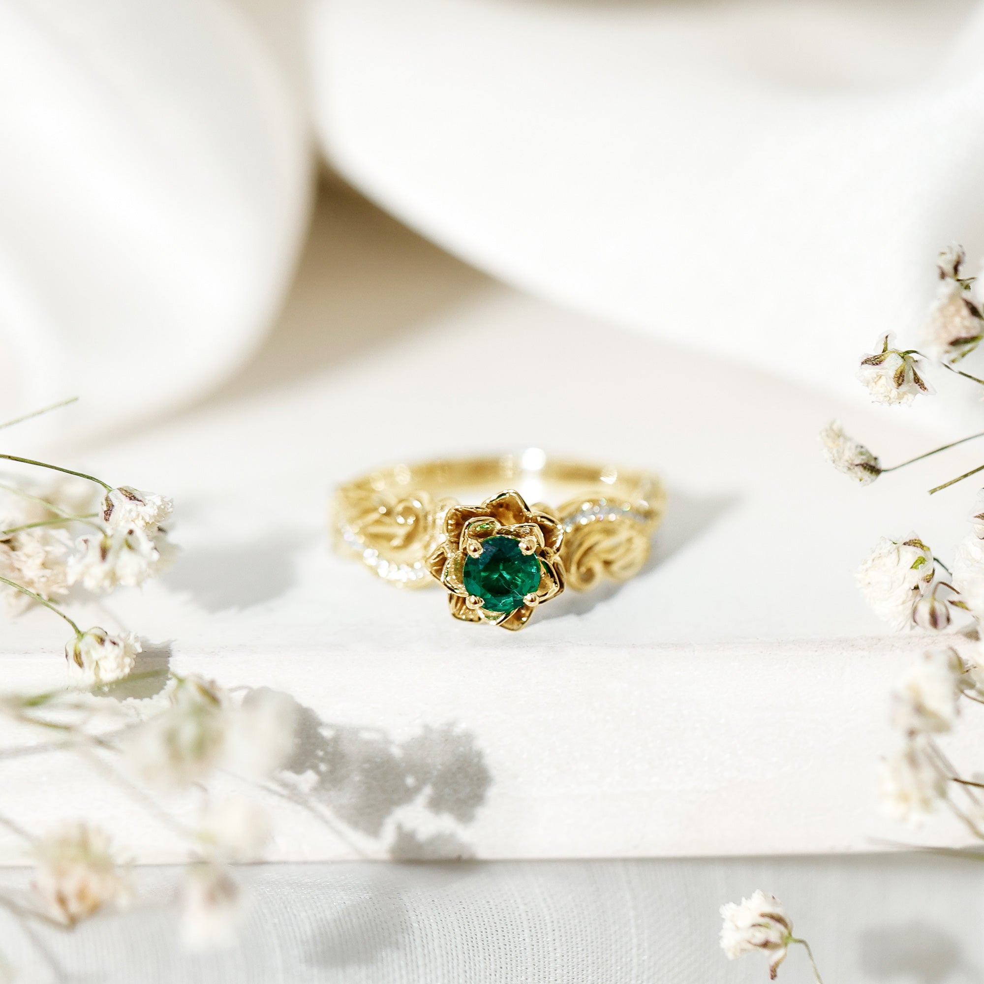 Lab Grown Emerald Diamond Flower Engagement Ring with Certificate AAAA - Rosec Jewels