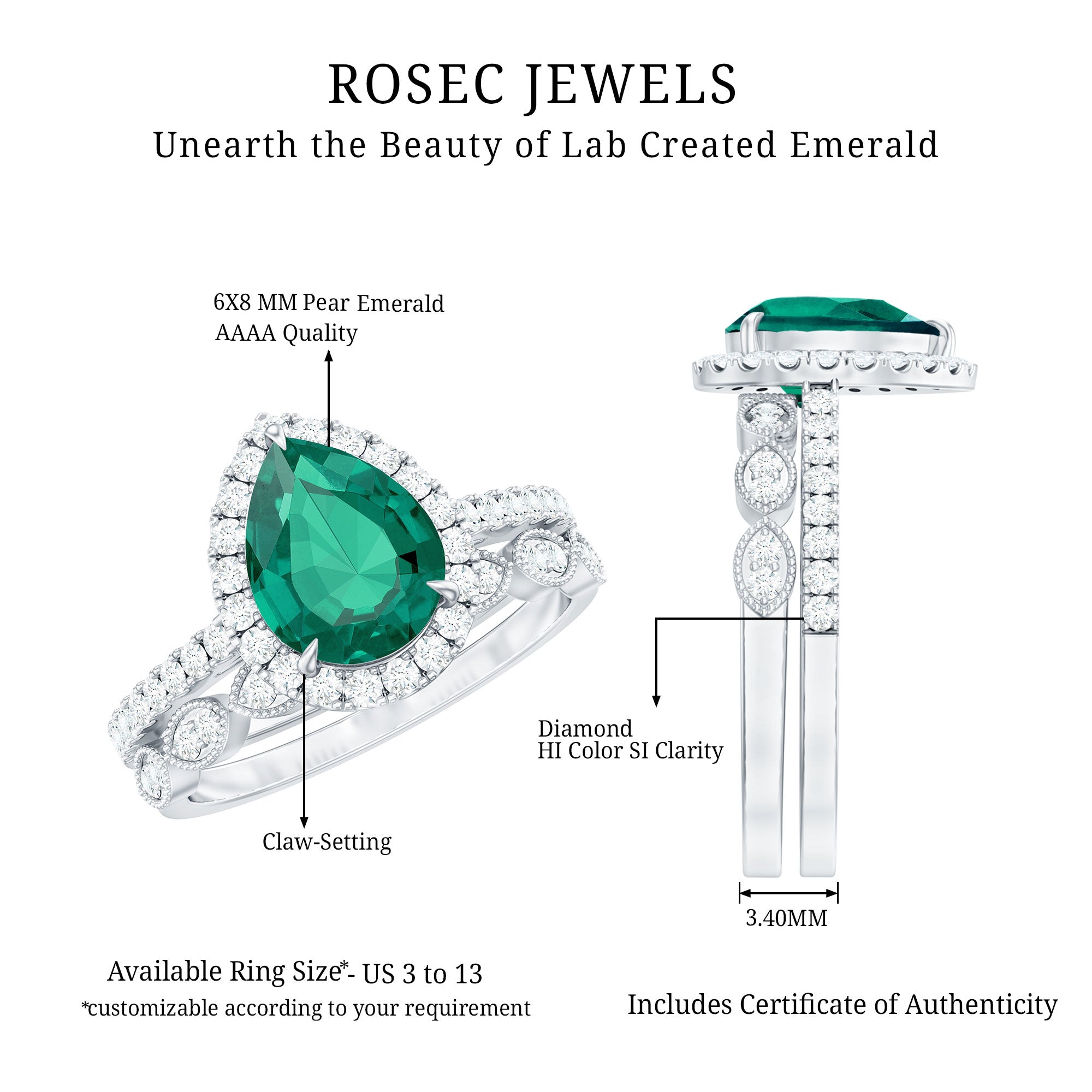 Designer Lab Grown Emerald Diamond Teardrop Engagement Ring with Wedding Band AAAA - Rosec Jewels