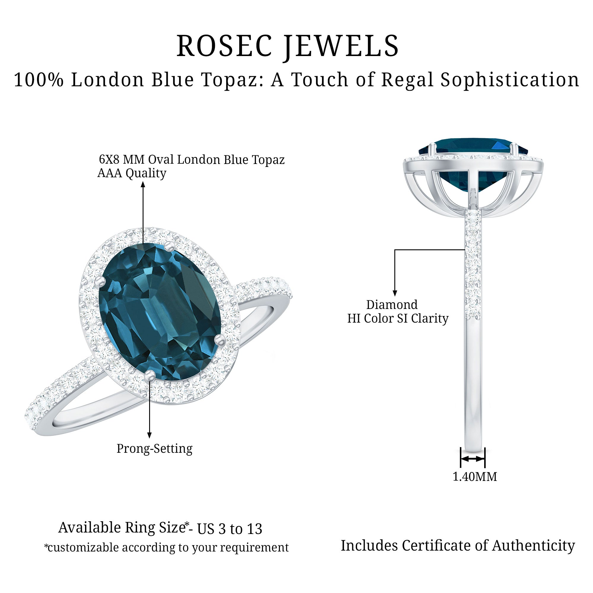 Classic London Blue Topaz Oval Engagement Ring with Diamond Halo AAA - Rosec Jewels