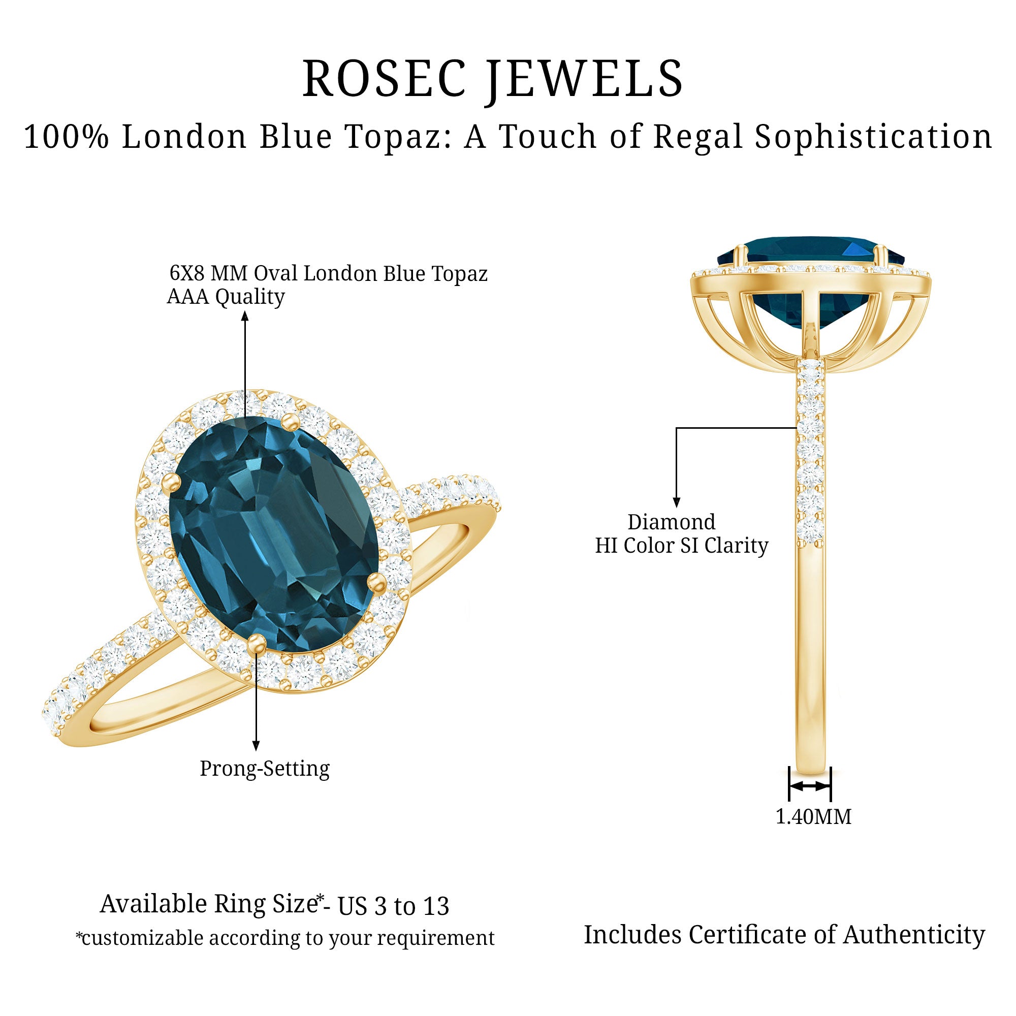 Classic London Blue Topaz Oval Engagement Ring with Diamond Halo AAA - Rosec Jewels