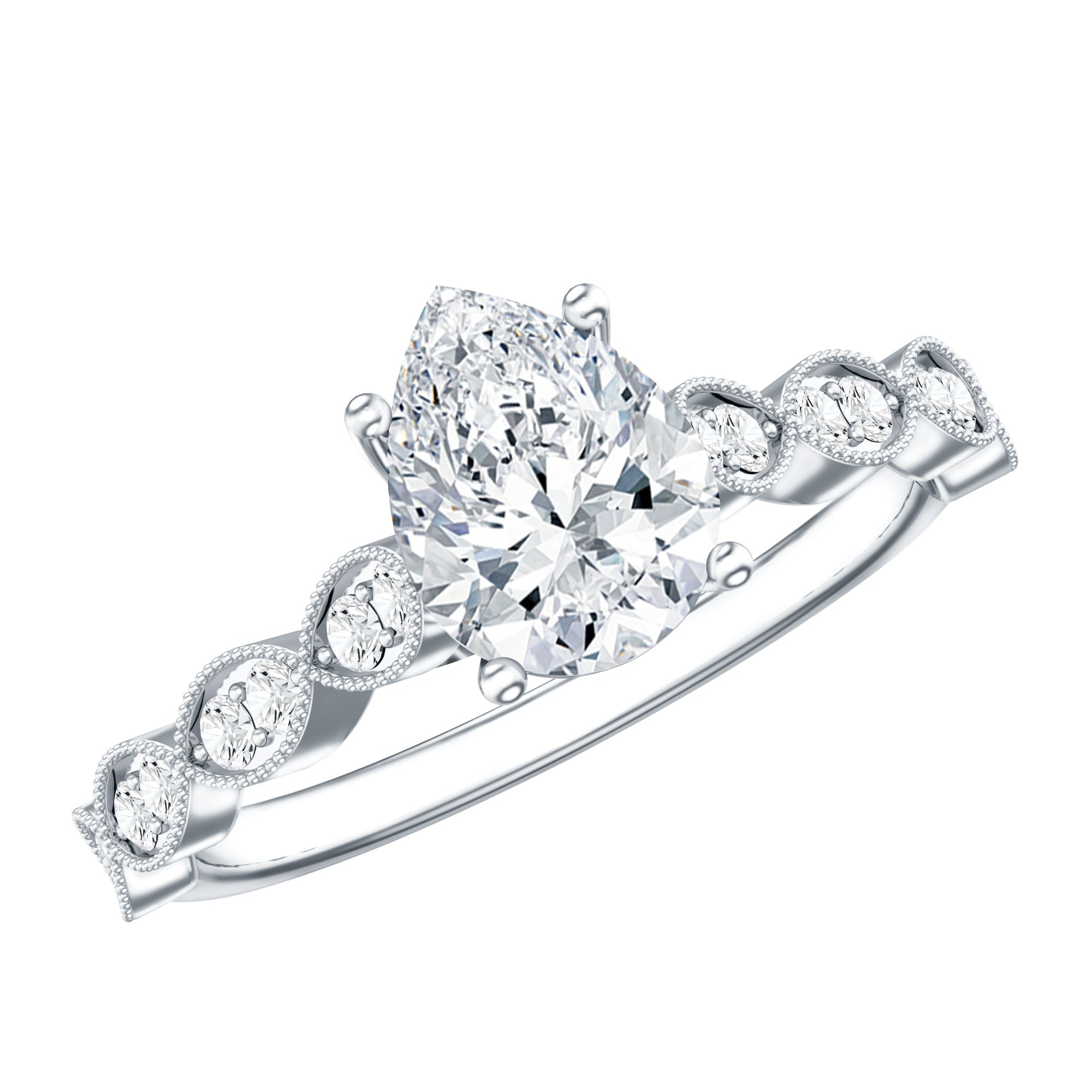 Pear Shape Lab Grown Diamond Scalloped Solitaire Ring Lab - ( EF-VS ) - Rosec Jewels