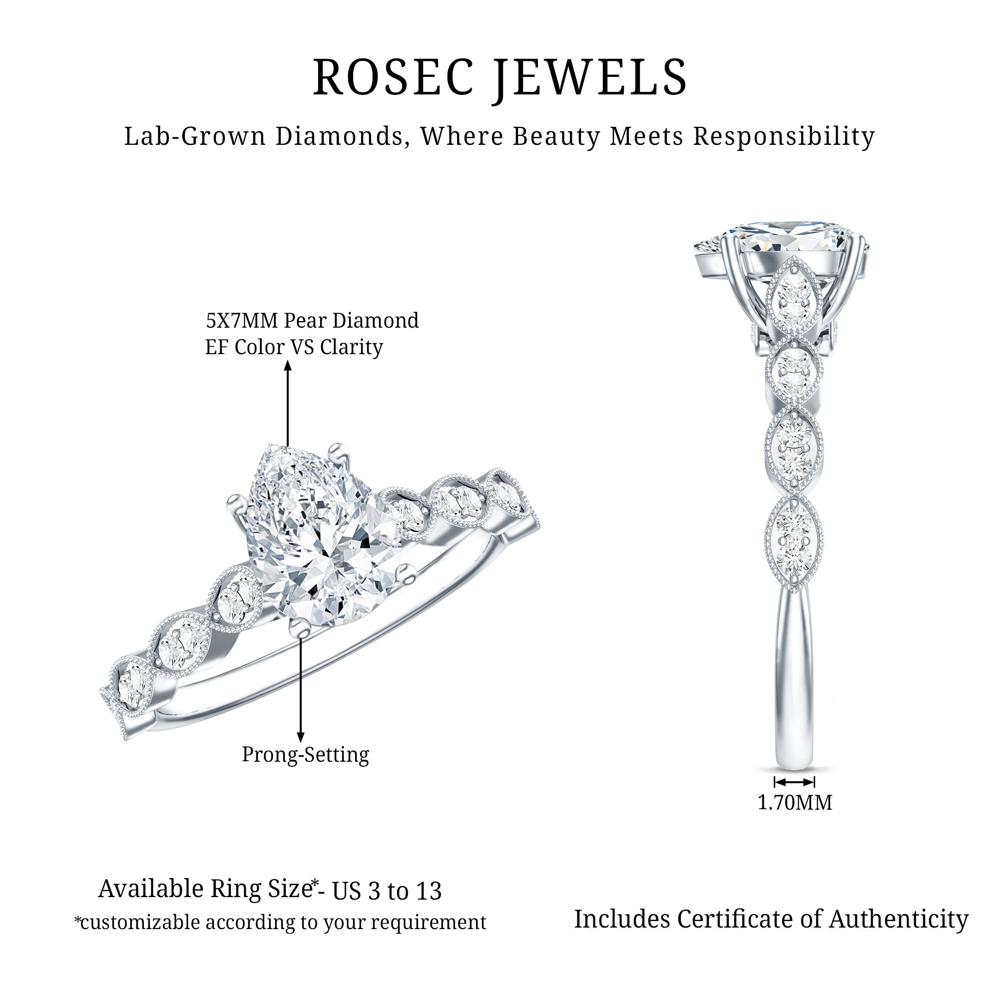 Pear Shape Lab Grown Diamond Scalloped Solitaire Ring Lab - ( EF-VS ) - Rosec Jewels