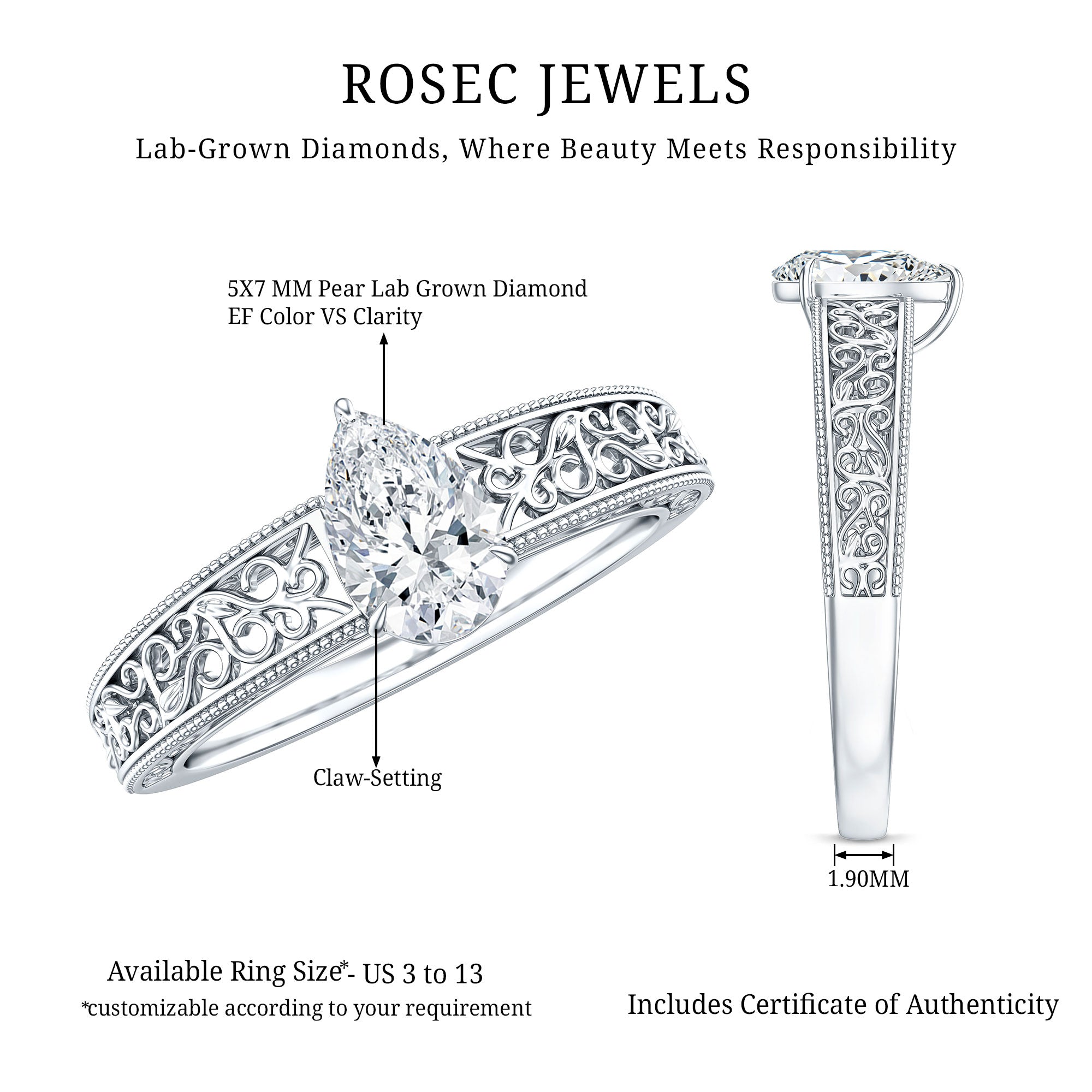 Pear Shape Lab Grown Diamond Vintage Inspired Solitaire Ring Lab - ( EF-VS ) - Rosec Jewels