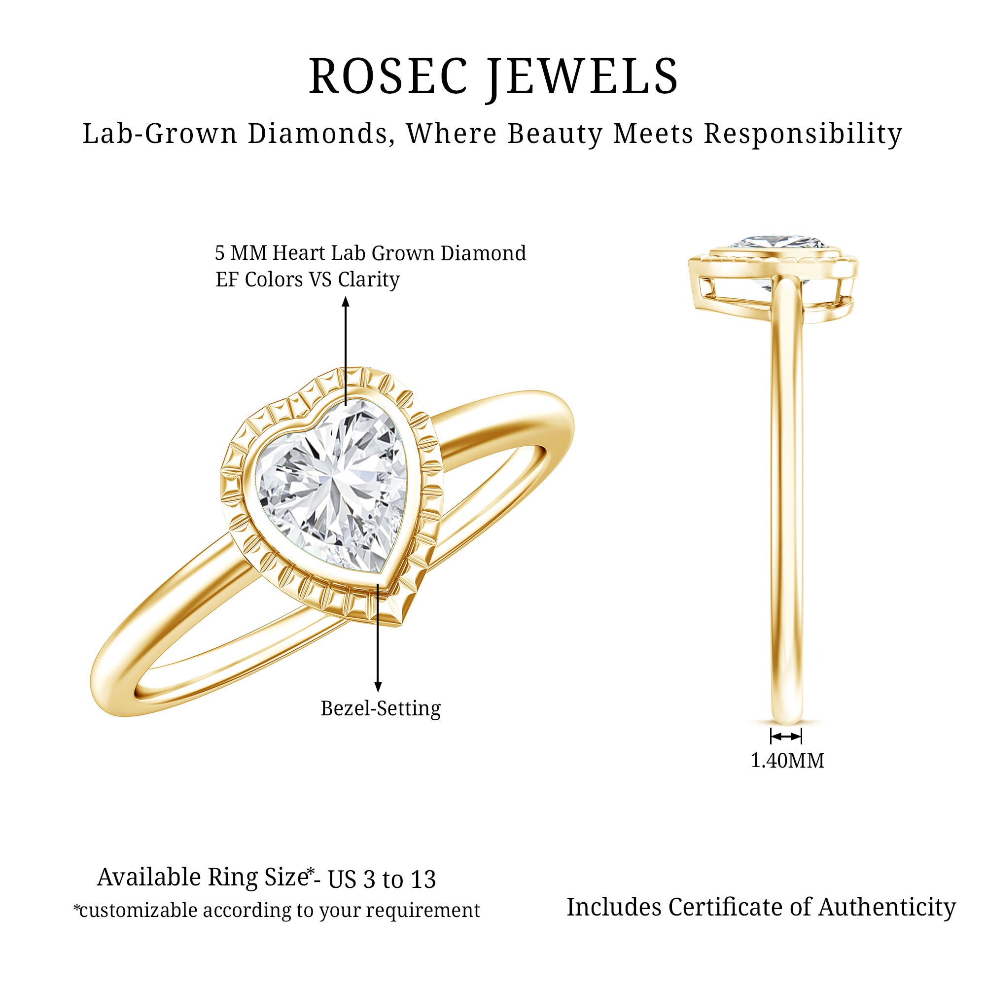 Lab Grown Diamond Heart Solitaire Ring with Engraved Details Lab - ( EF-VS ) - Rosec Jewels
